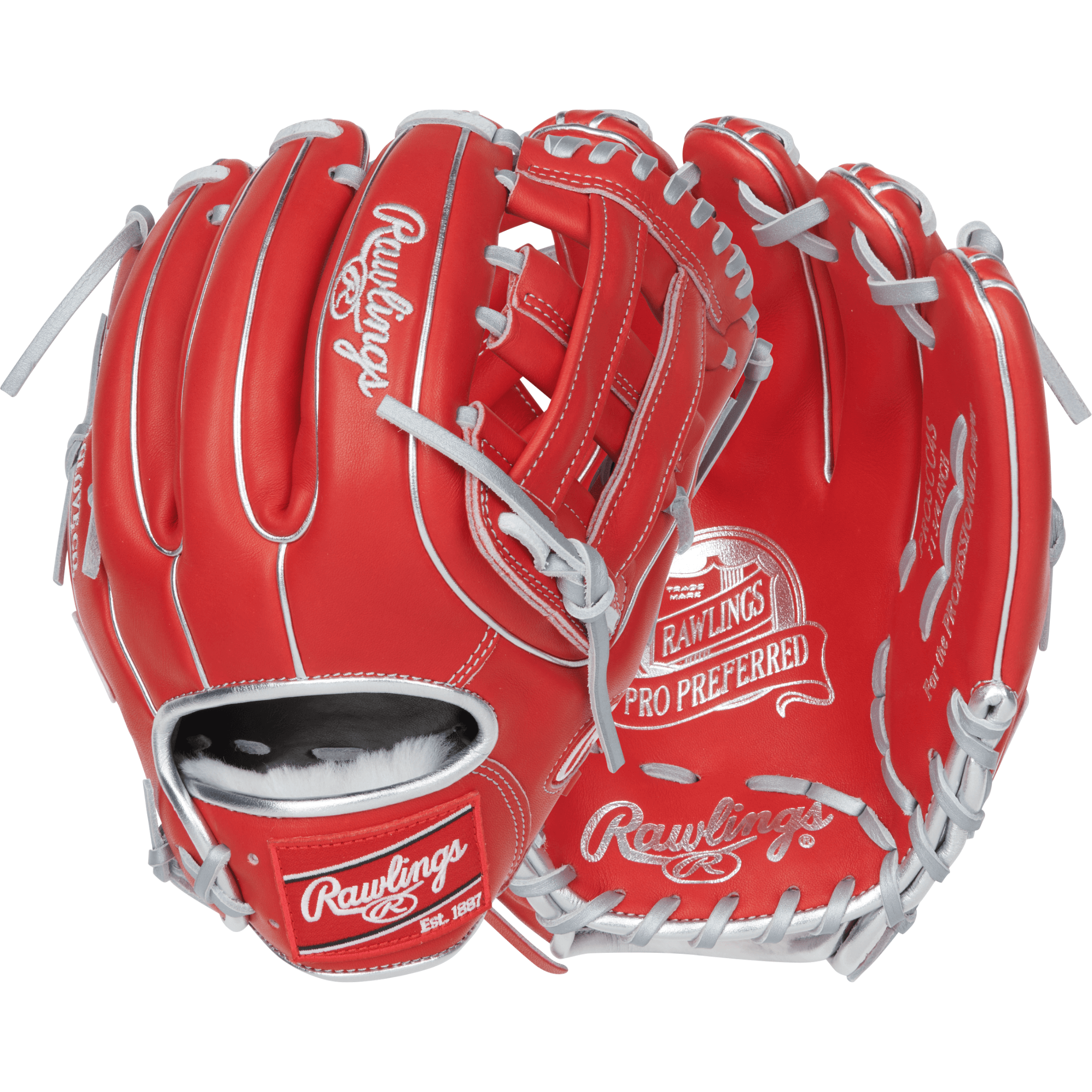 Rawlings Pro Preferred 11.75" Carlos Correa infield glove front and back view with Pro H web and 31 pattern in scarlet kip leather