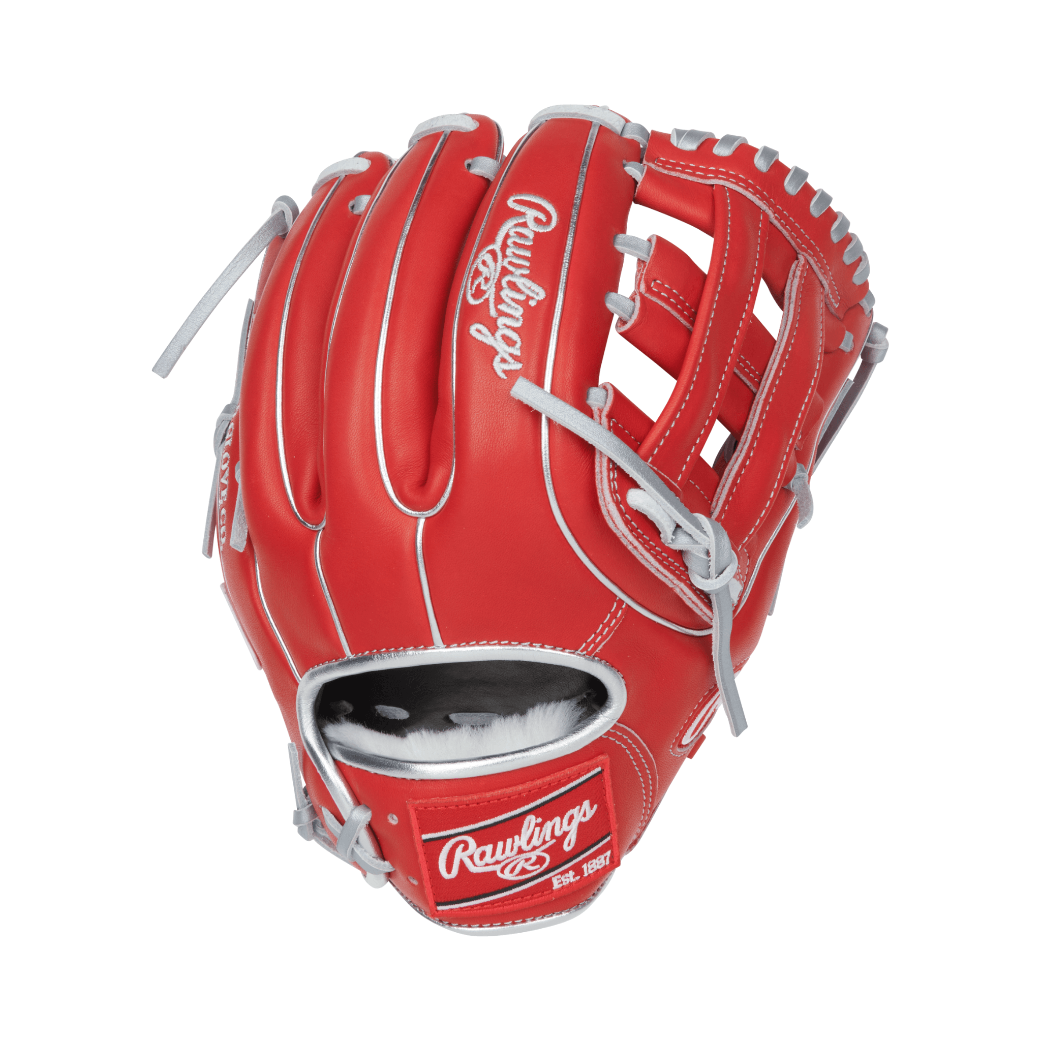 Back view of Rawlings Pro Preferred 11.75" Carlos Correa scarlet infield glove with pro-grade kip leather and durable lacing