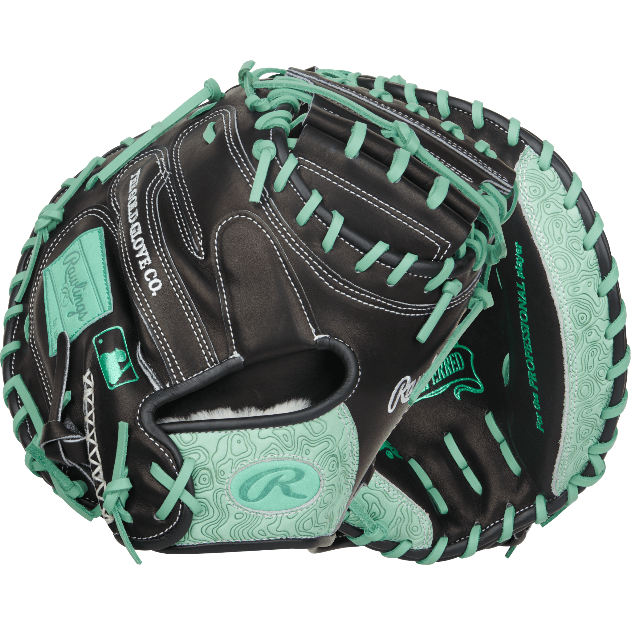 Rawlings Pro Preferred 33" Black/Mint catcher’s mitt front and back view with CM33 pattern and 1-Piece Solid Web in kip leather