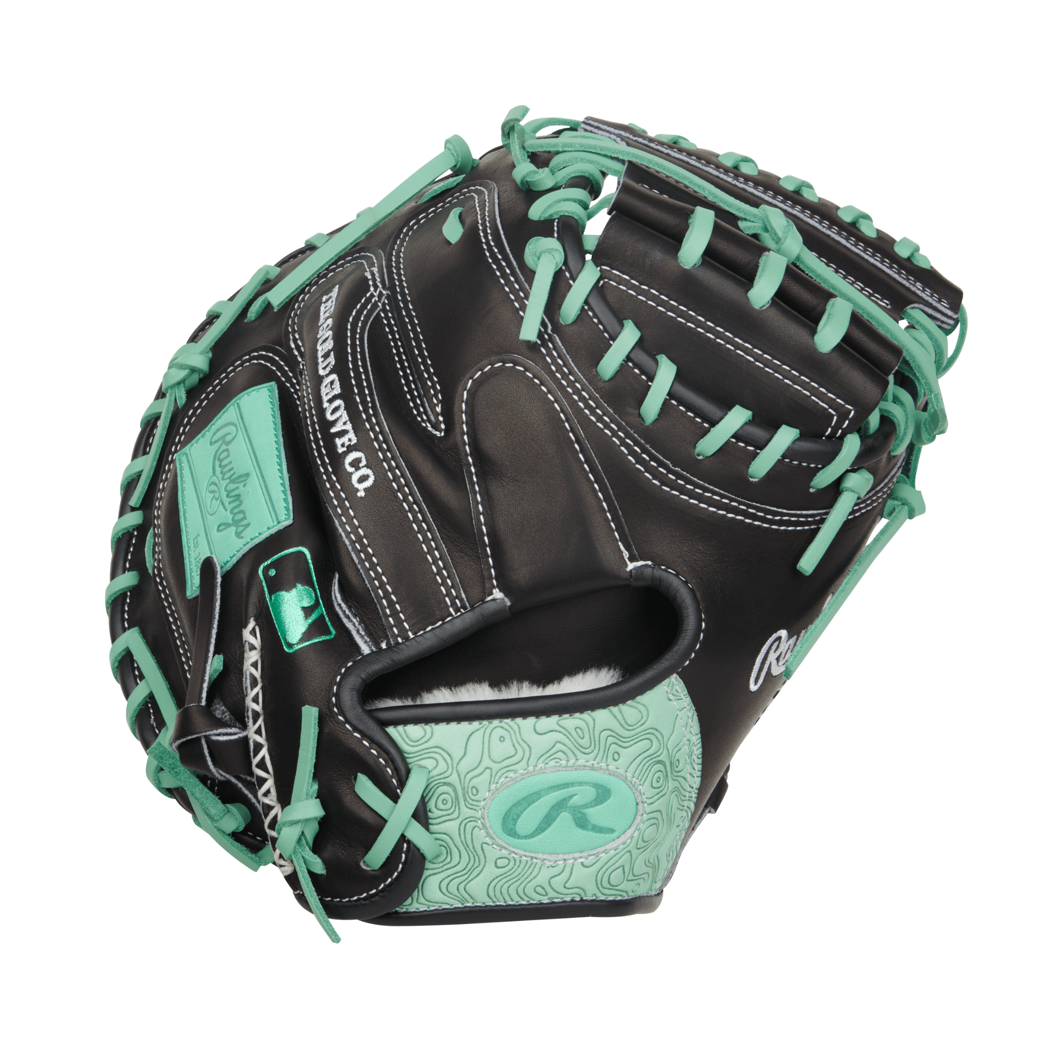 Back view of Rawlings Pro Preferred 33" Black/Mint catcher’s mitt showing durable kip leather and mint accents