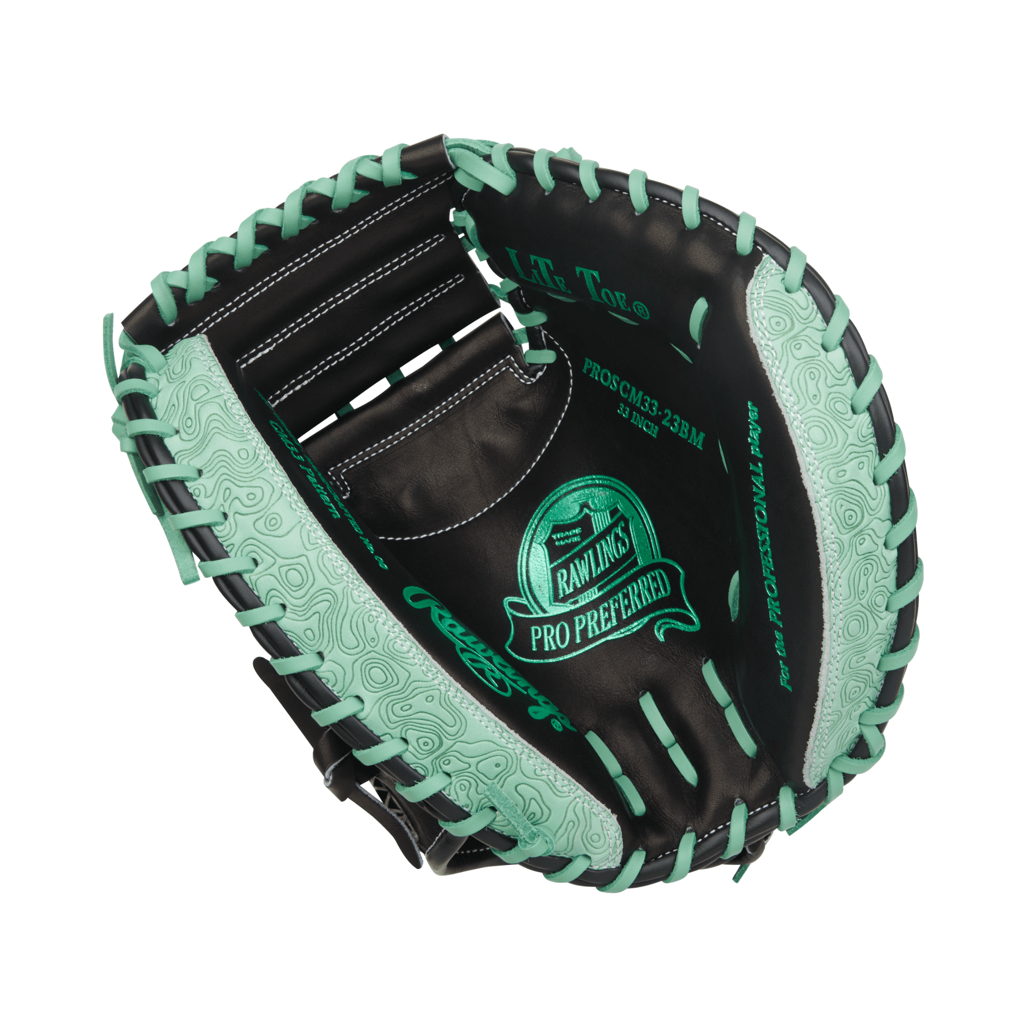 Palm view of Rawlings Pro Preferred 33" Black/Mint catcher’s mitt with Pittards sheepskin lining and deep CM33 pocket