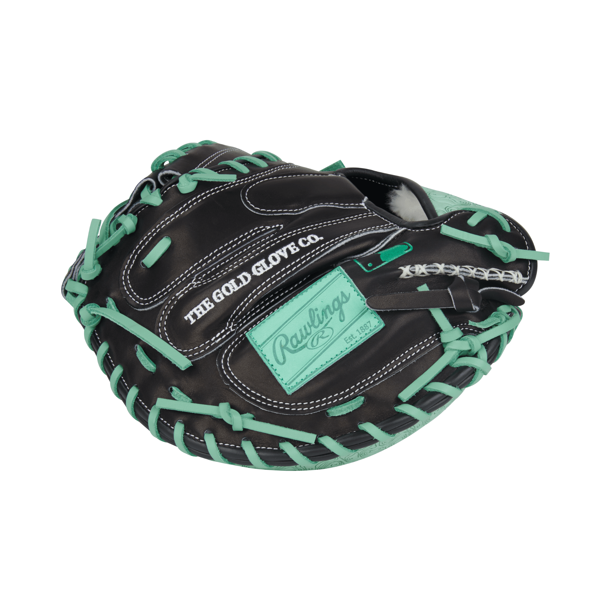 Close-up of finger stalls on Rawlings Pro Preferred 33" Black/Mint catcher’s mitt with strong lacing and 1-Piece Solid Web