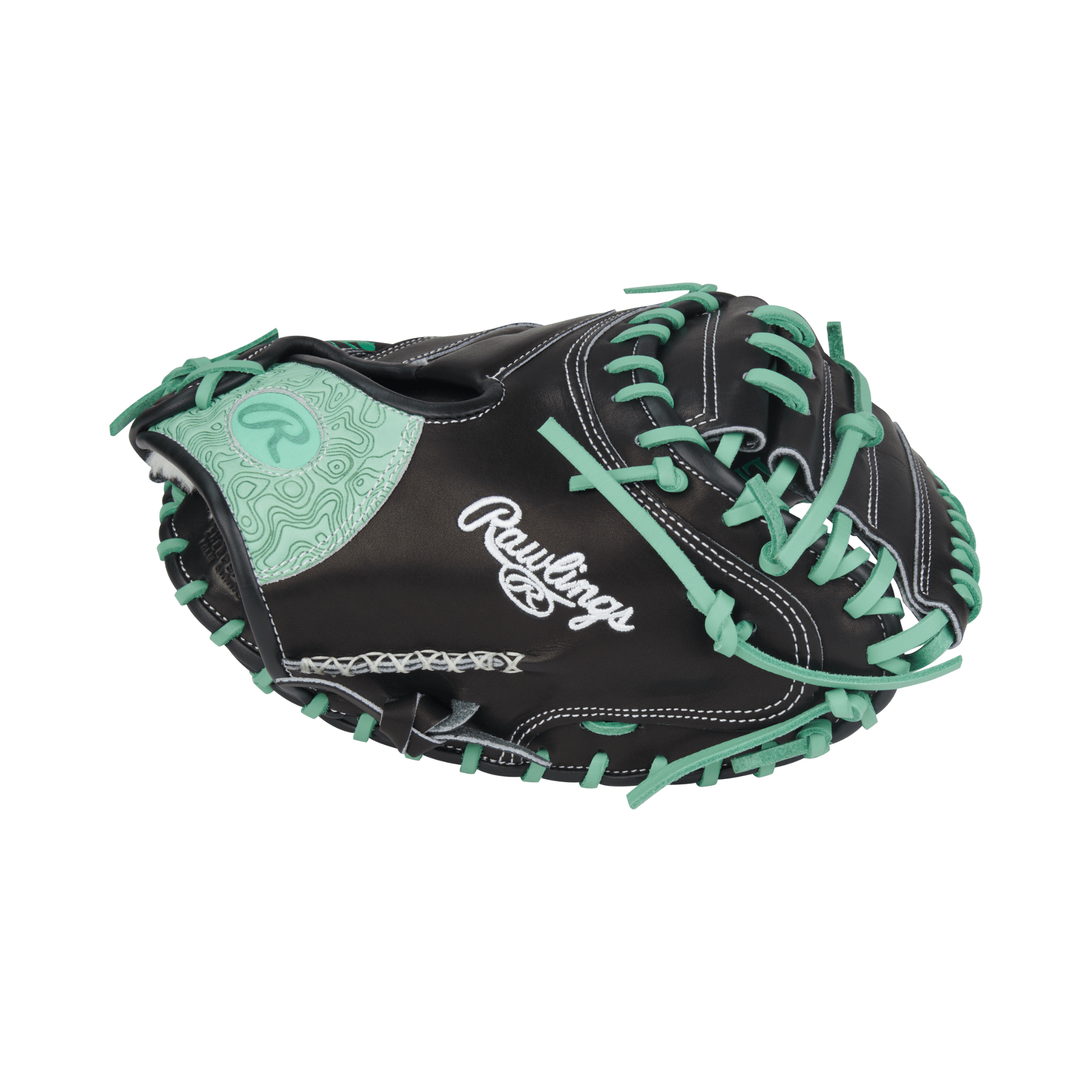 Close-up of thumb area on Rawlings Pro Preferred 33" Black/Mint catcher’s mitt with padded thumb sleeve for comfort