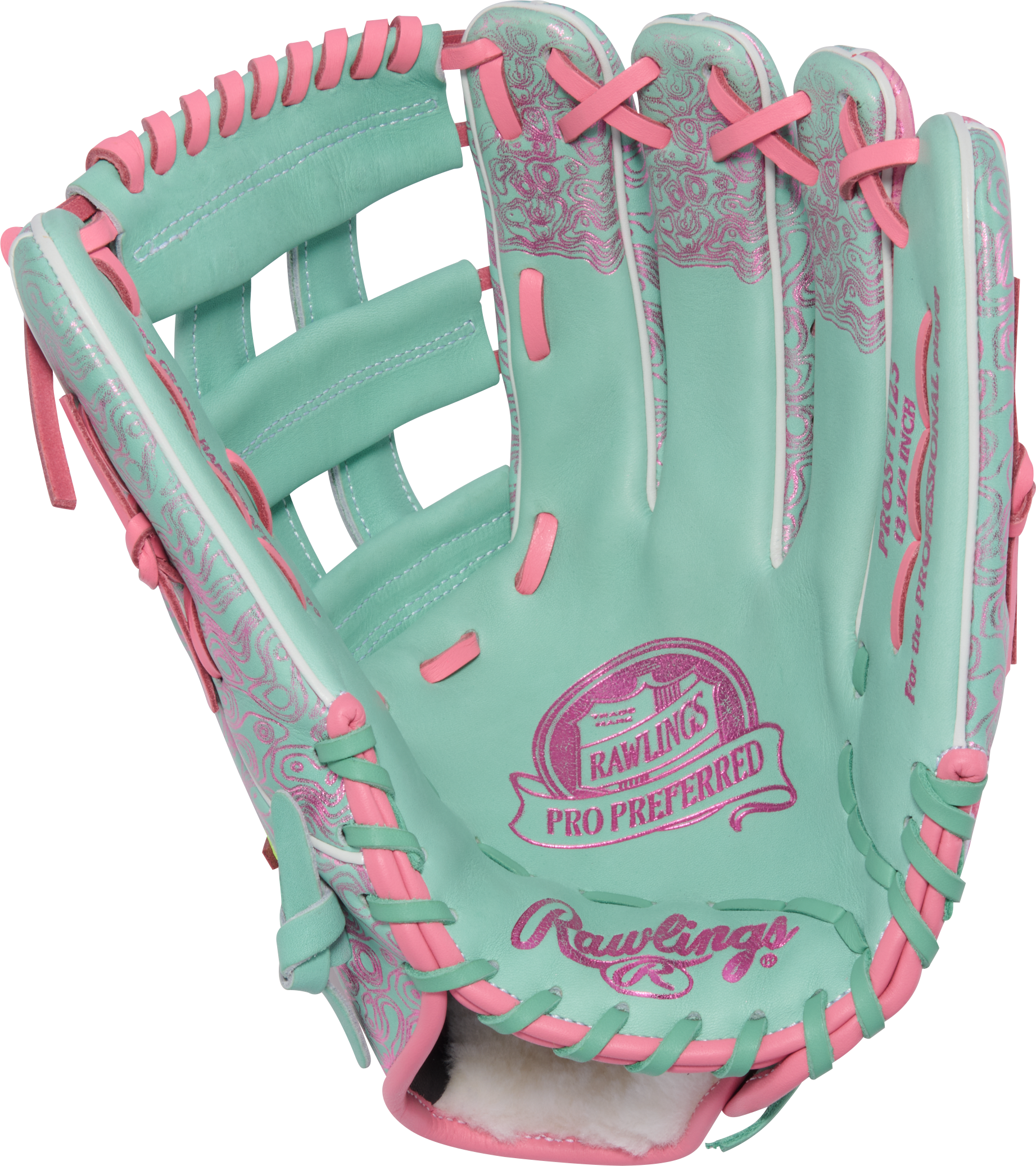 Rawlings Pro Preferred Outfield Glove - Front Pocket View, Teal Pink