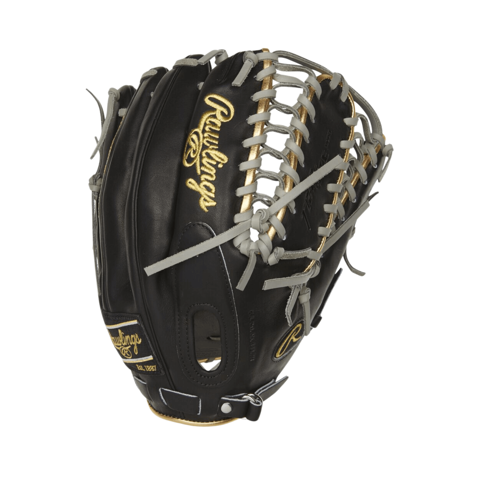 Rawlings Pro Preferred 12.75-inch outfield glove in black with gold binding and grey lacing