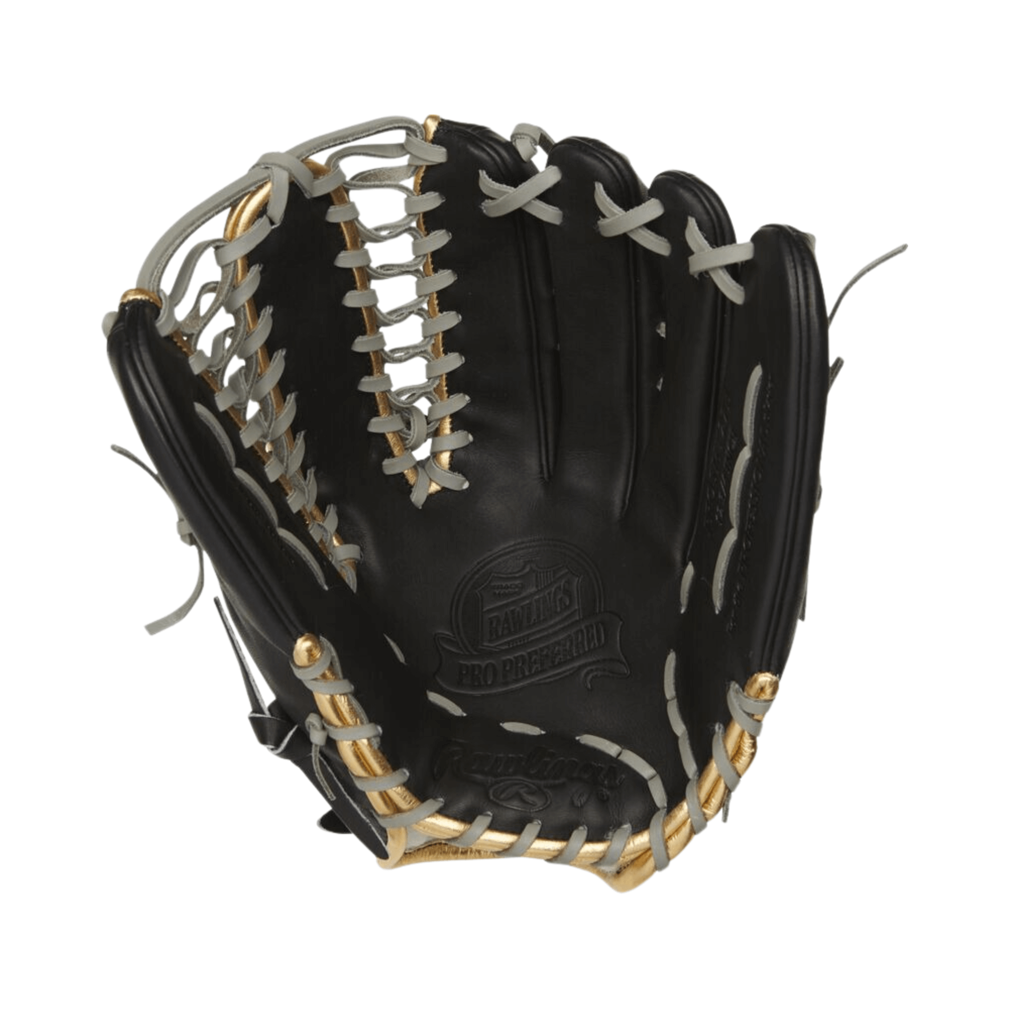 Rawlings Pro Preferred 12.75-inch outfield glove in black with gold binding and grey lacing