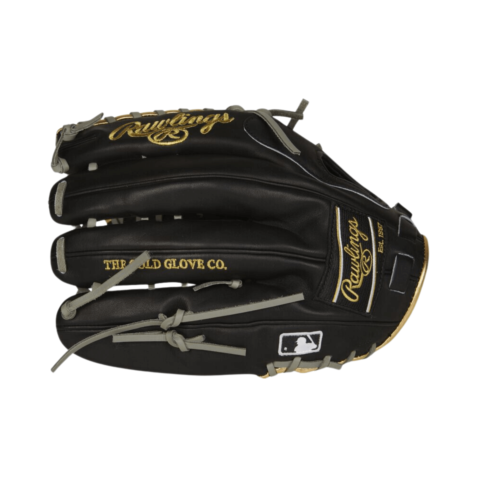 Rawlings Pro Preferred 12.75-inch outfield glove in black with gold binding and grey lacing