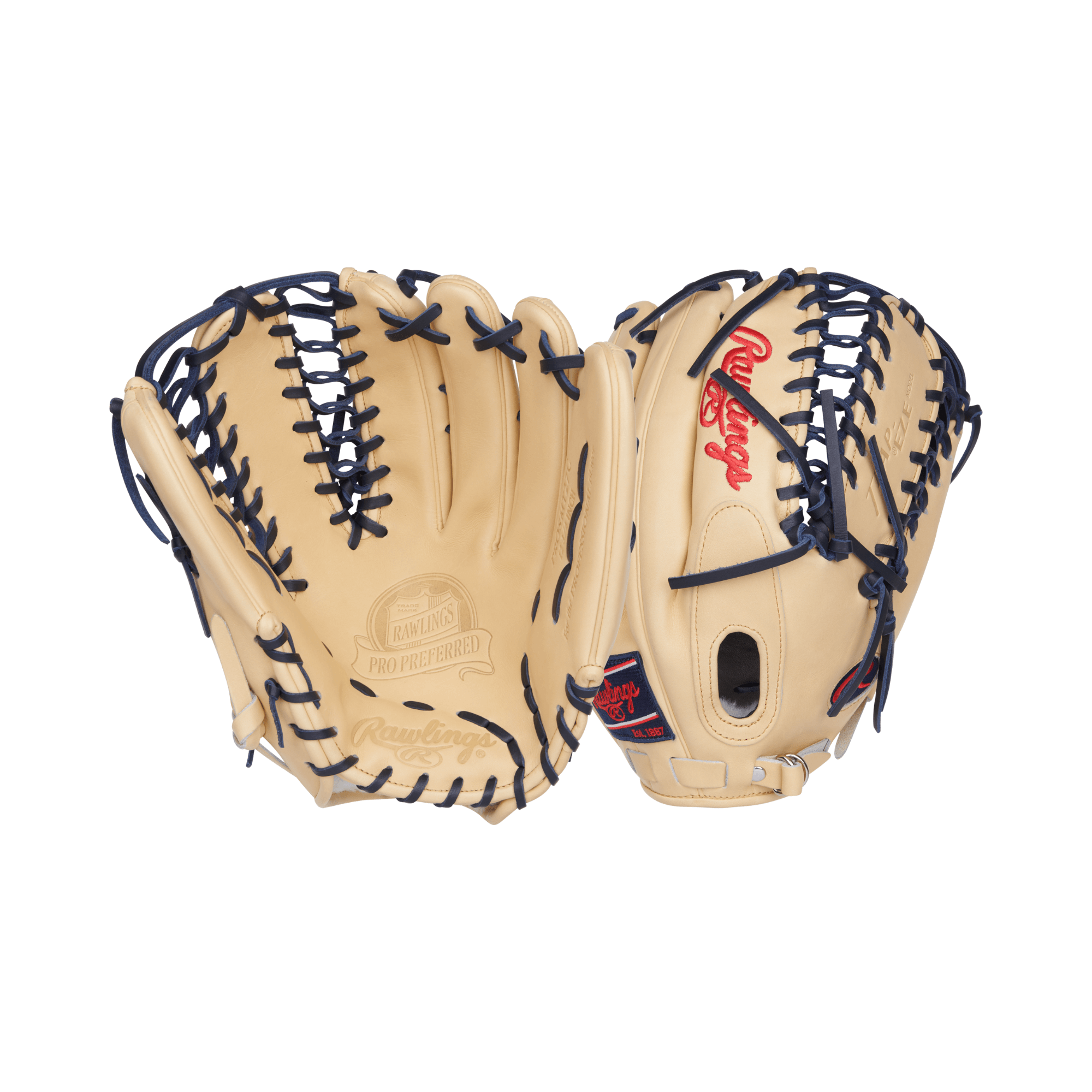 Rawlings Pro Preferred Series M. Trout Gameday Pattern 12.75-inch glove with Trap-Eze web design.