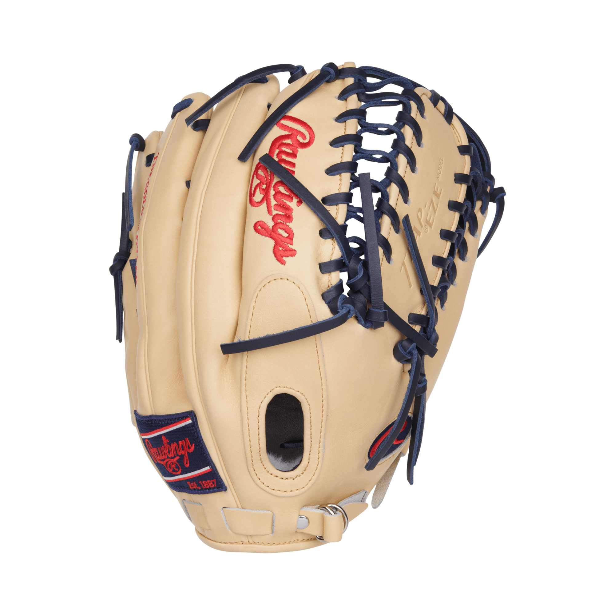 Rawlings Pro Preferred glove in tan and navy, featuring Trap-Eze web for outfield performance, 12.75 inches, MT27 pattern.