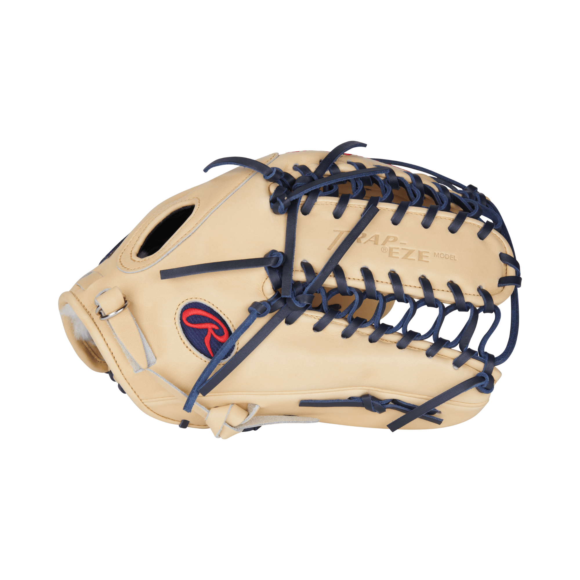 Rawlings Trap-Eze model baseball glove in tan with navy lacing, designed for elite outfield performance.
