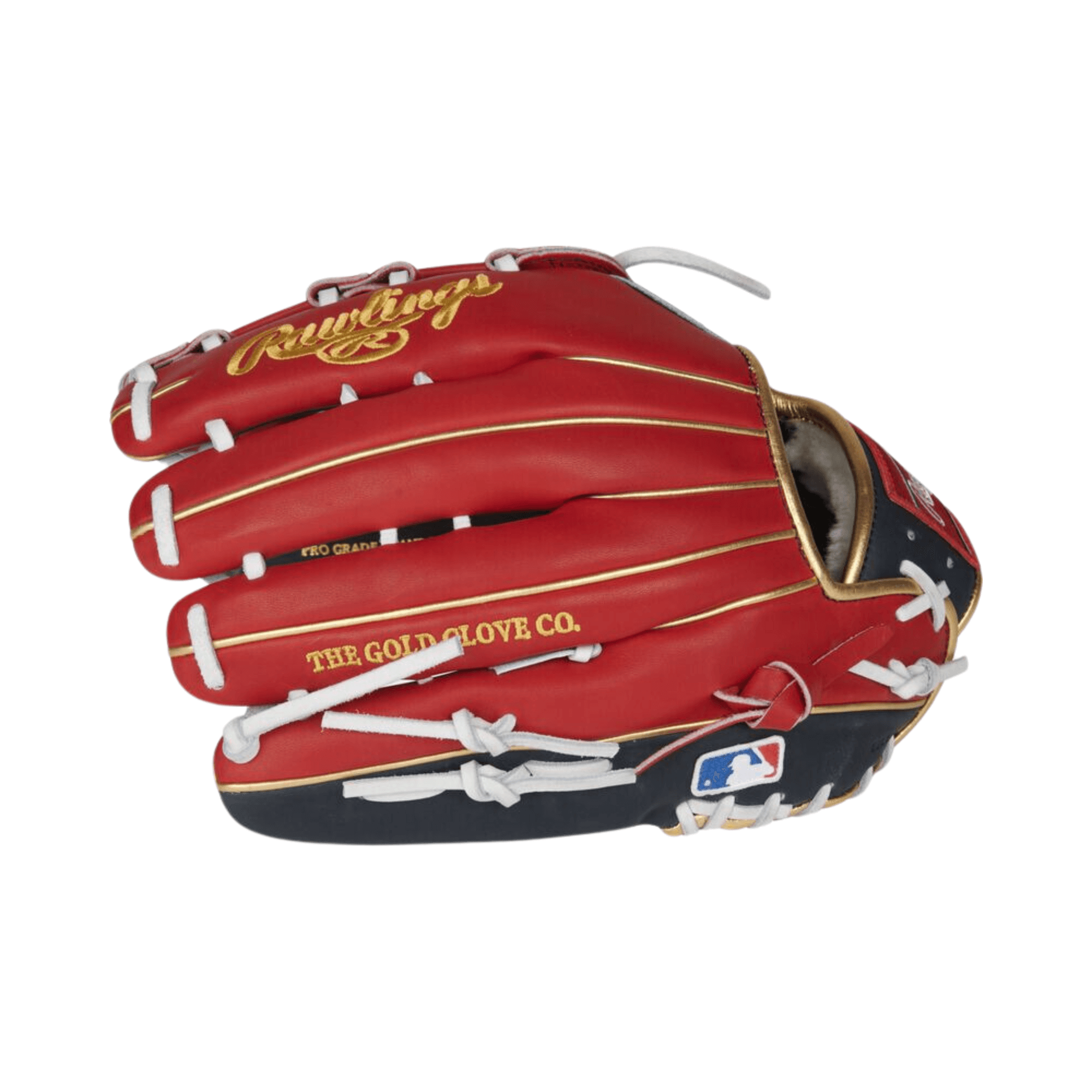 Rawlings Ronald Acuna Jr Pro Preferred 12.75 outfield glove, full-grain kip leather, scarlet, navy, and white design