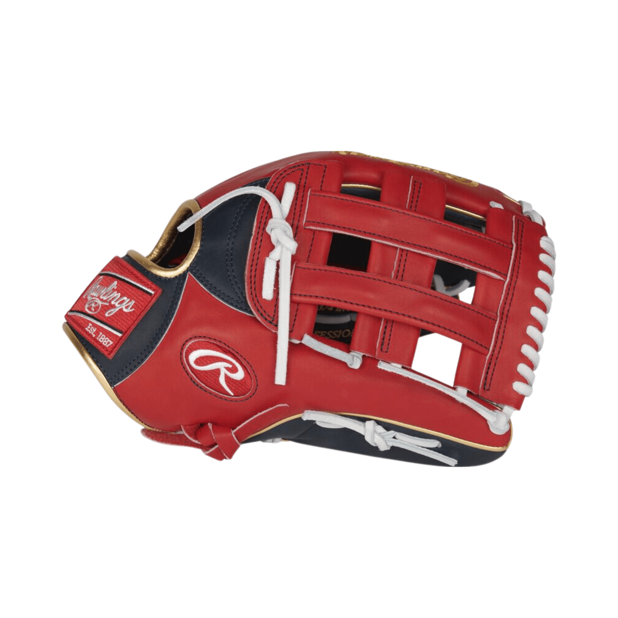 Rawlings Ronald Acuna Jr Pro Preferred 12.75 outfield glove, full-grain kip leather, scarlet, navy, and white design