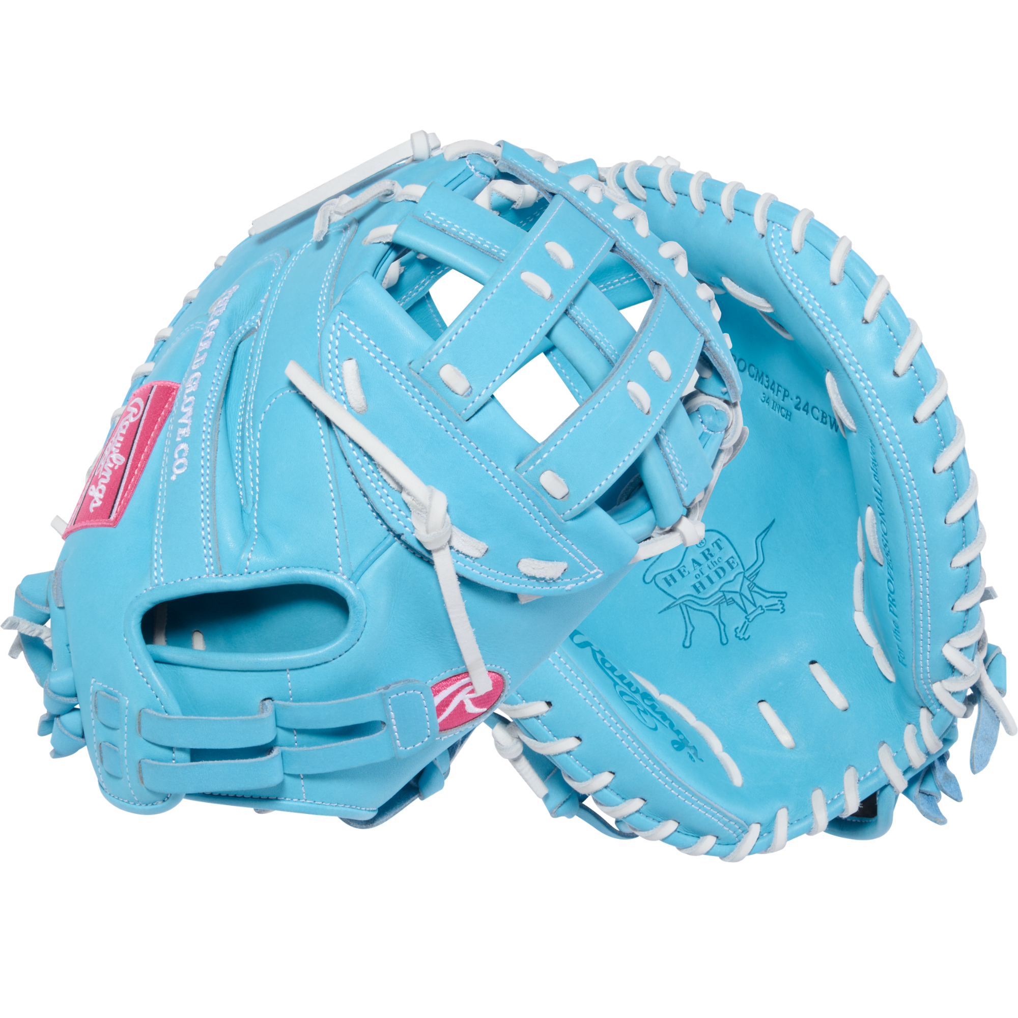 Rawlings PROCM34FP-24CBW Catcher's Mitt back and front combination showing the CM34 glove design