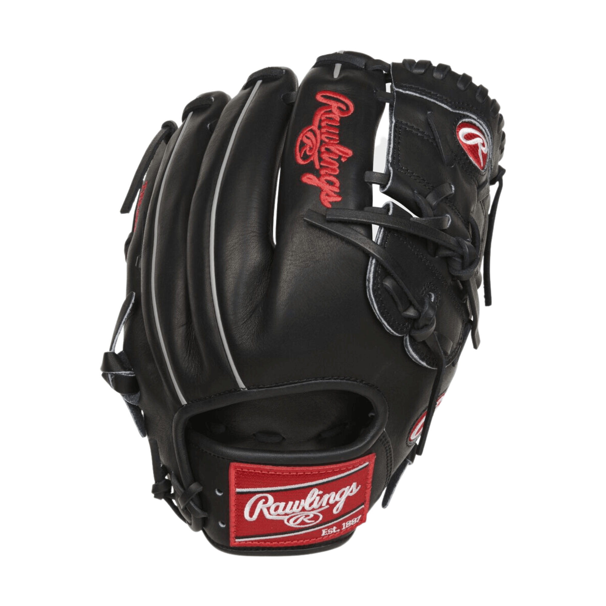 Rawlings Heart of the Hide traditional black baseball glove with red logo, designed for pitchers and infielders.
