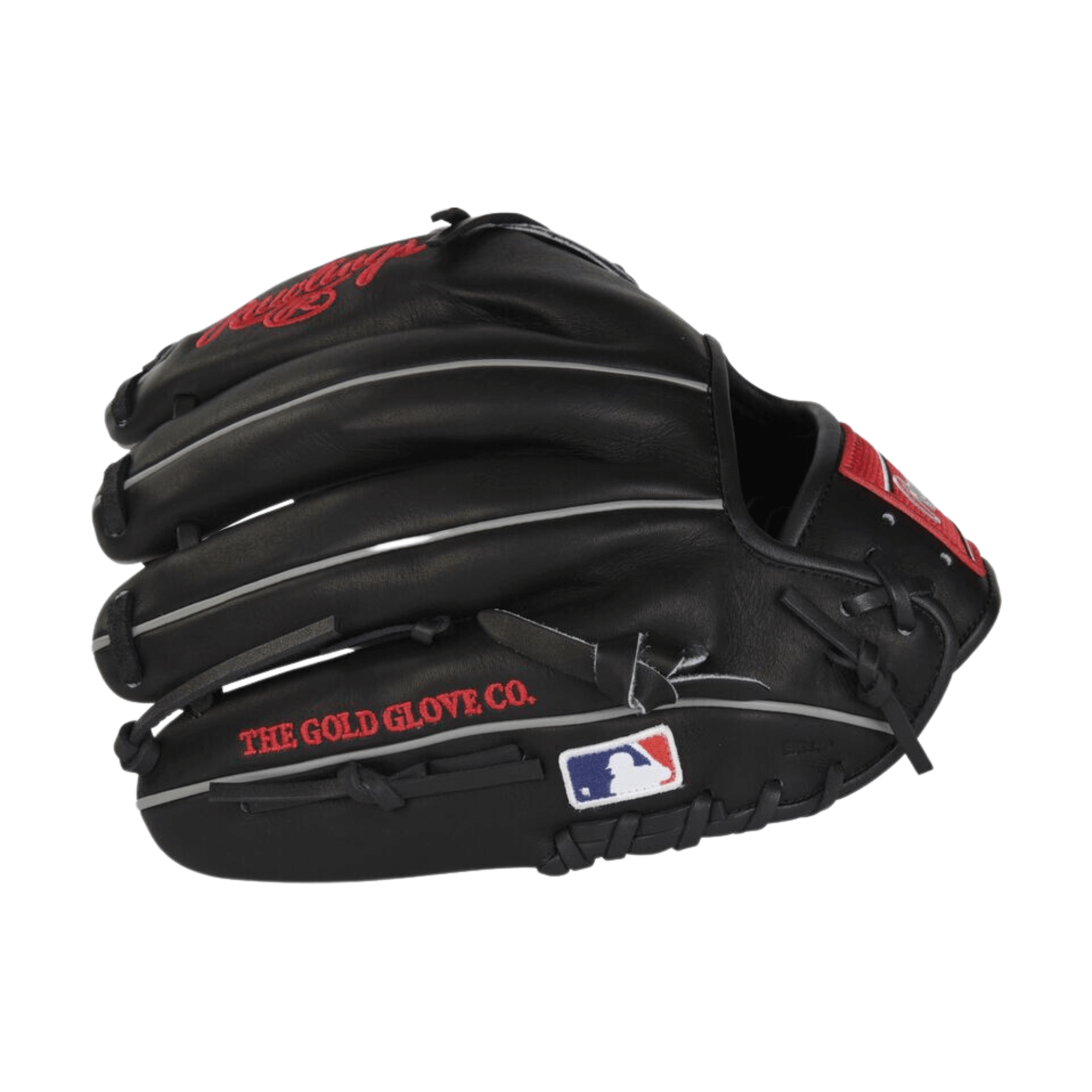 Rawlings Heart Of The Hide 12" RHT baseball glove in black with red and white accents, featuring a solid web design.