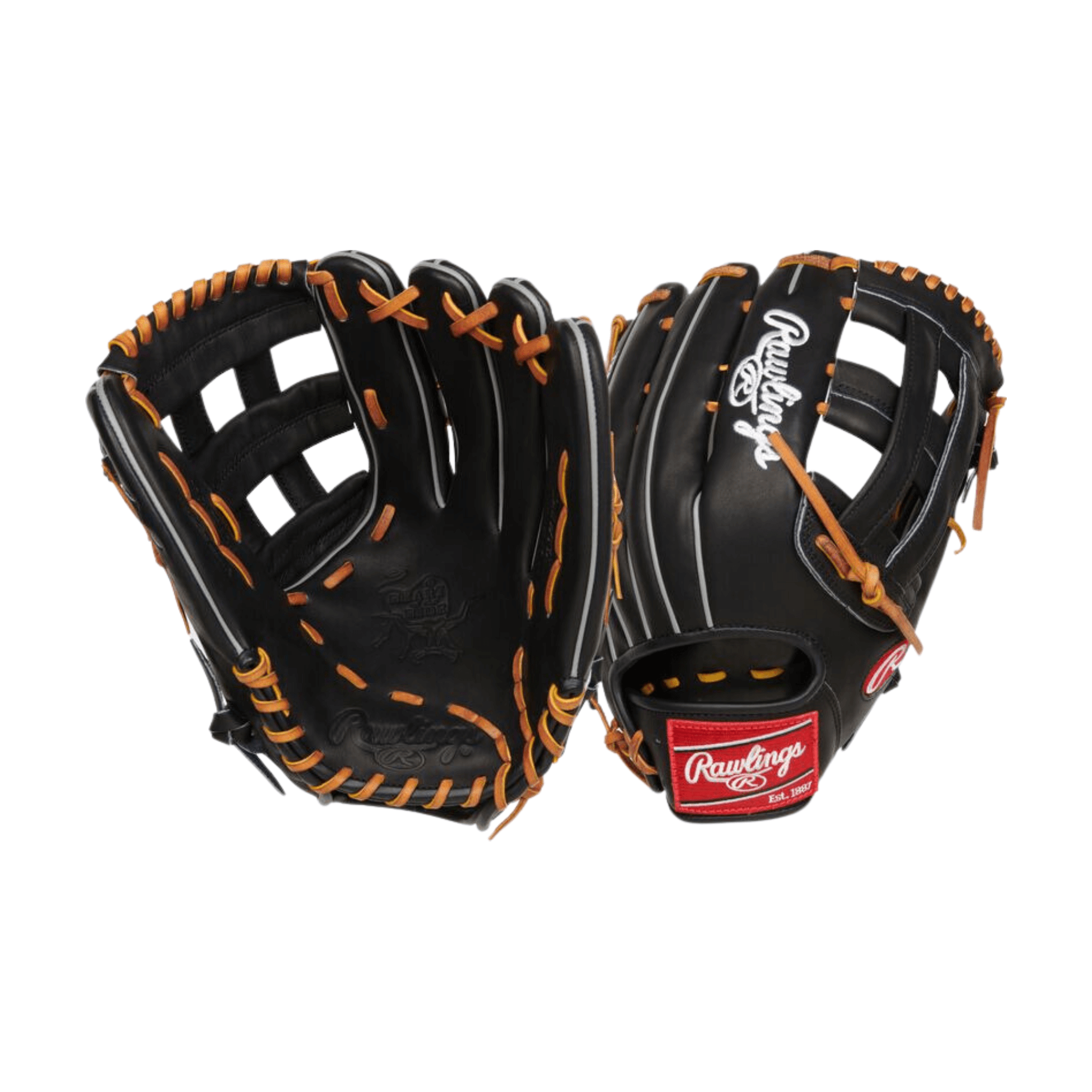 Black Rawlings Heart of the Hide baseball glove with tan laces, showcasing its deep pocket and professional design.