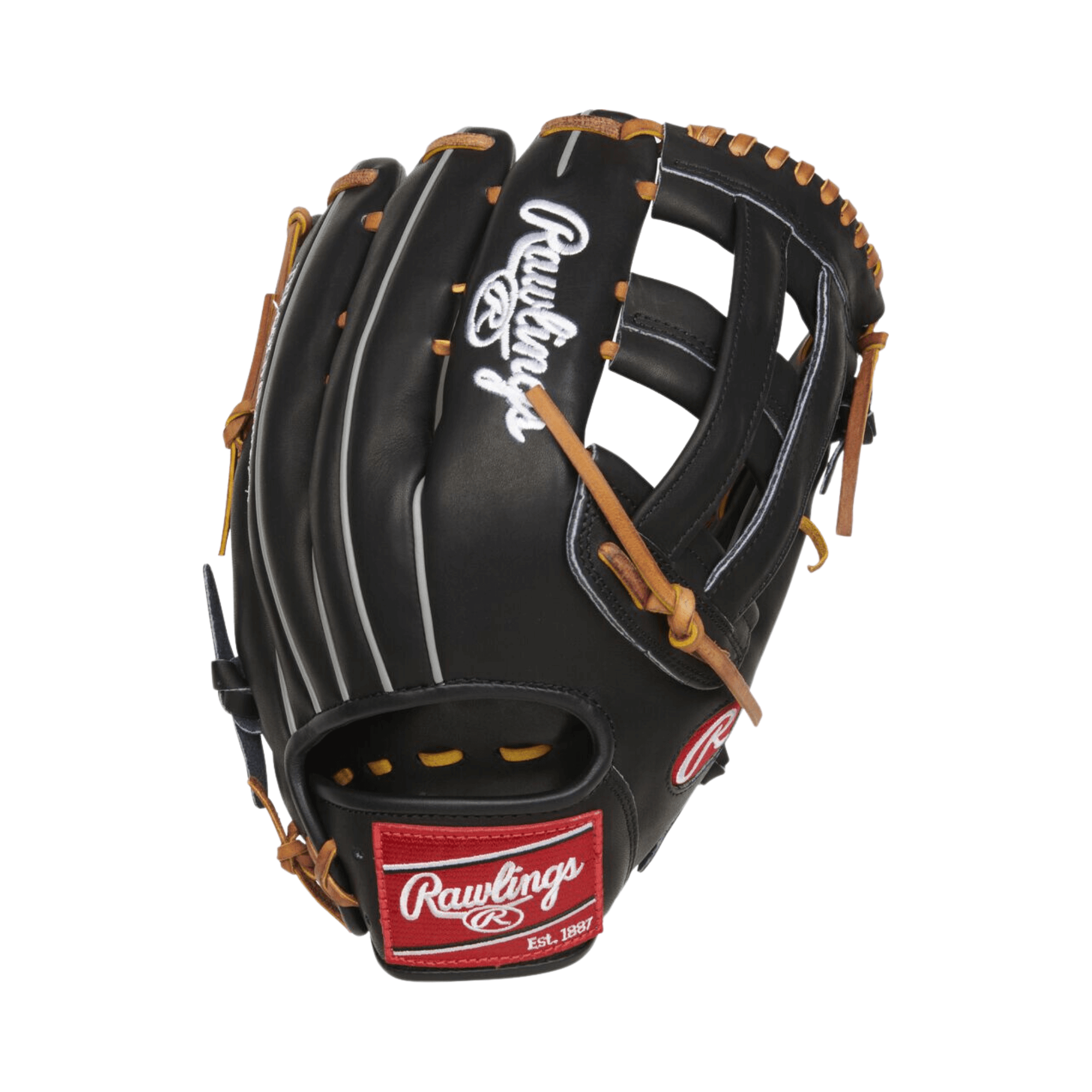 Rawlings Heart of the Hide 12.75" baseball glove in black leather with scarlet patch and tan laces, ideal for outfielders.
