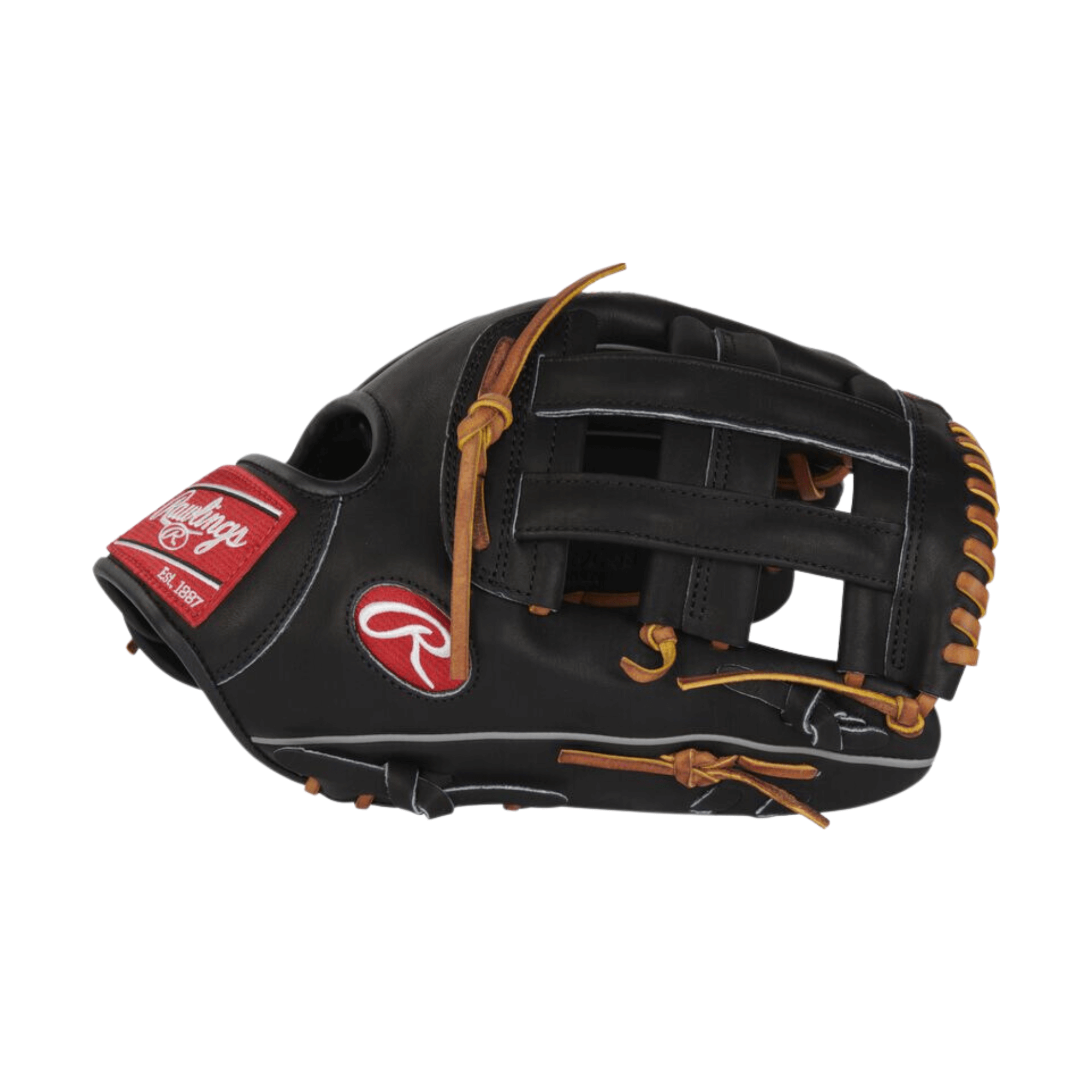 Rawlings Heart Of The Hide 12.75" baseball glove in black with scarlet patch and tan laces, perfect for outfielders.