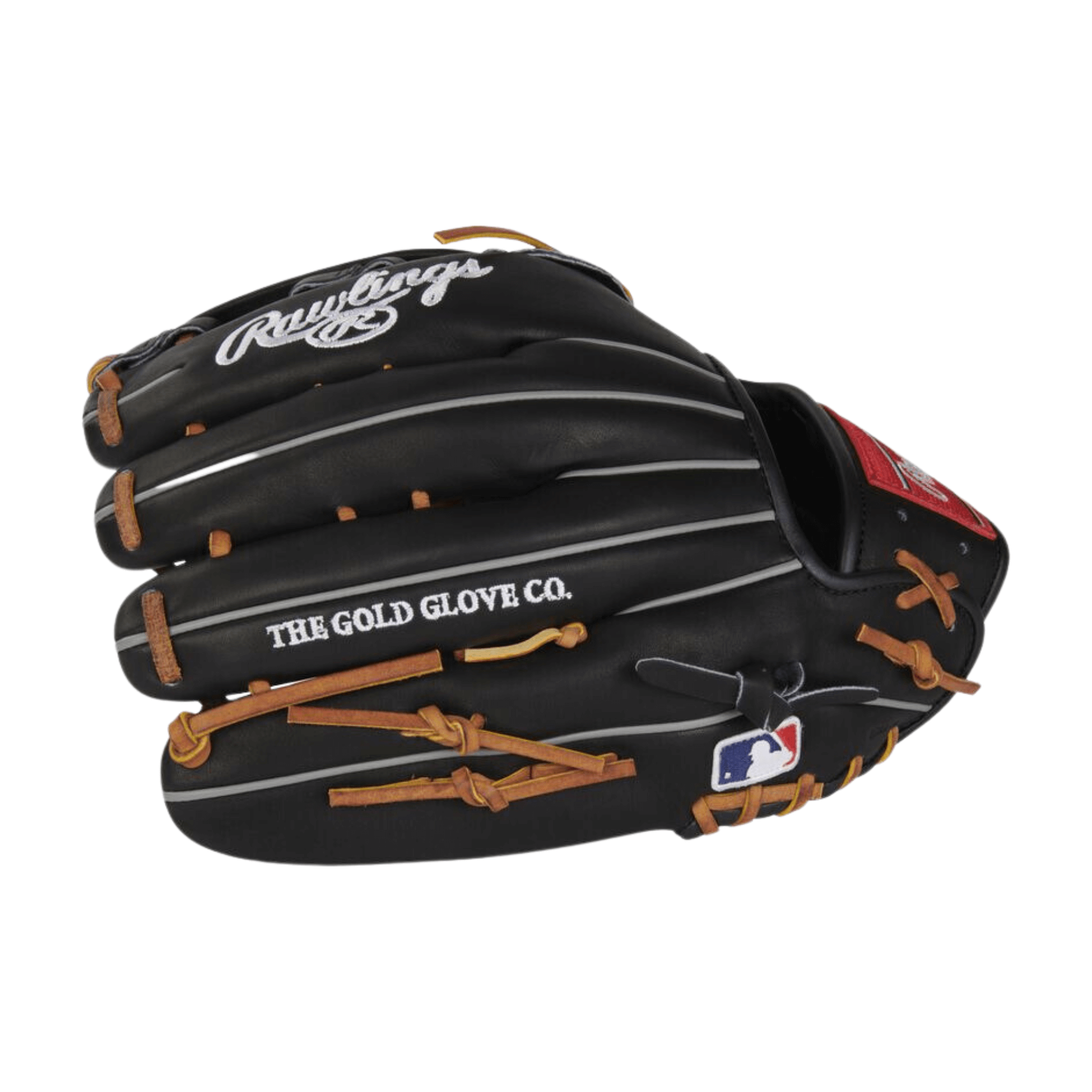 Rawlings Heart of the Hide 12.75" baseball glove, all-black leather with scarlet patch and tan laces.