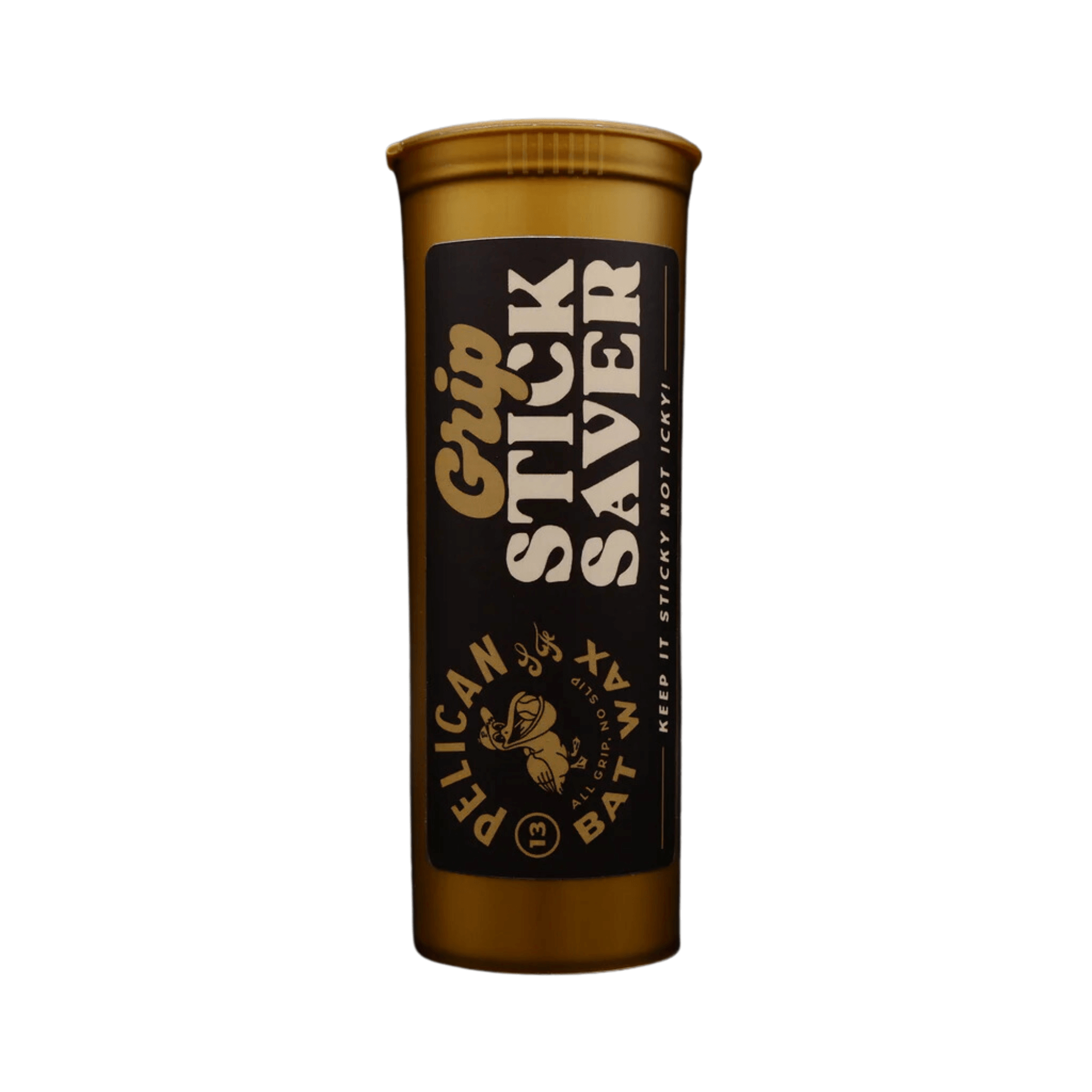 Pelican Bat Wax Stick Saver in metallic gold storage tube for grip stick maintenance and protection.