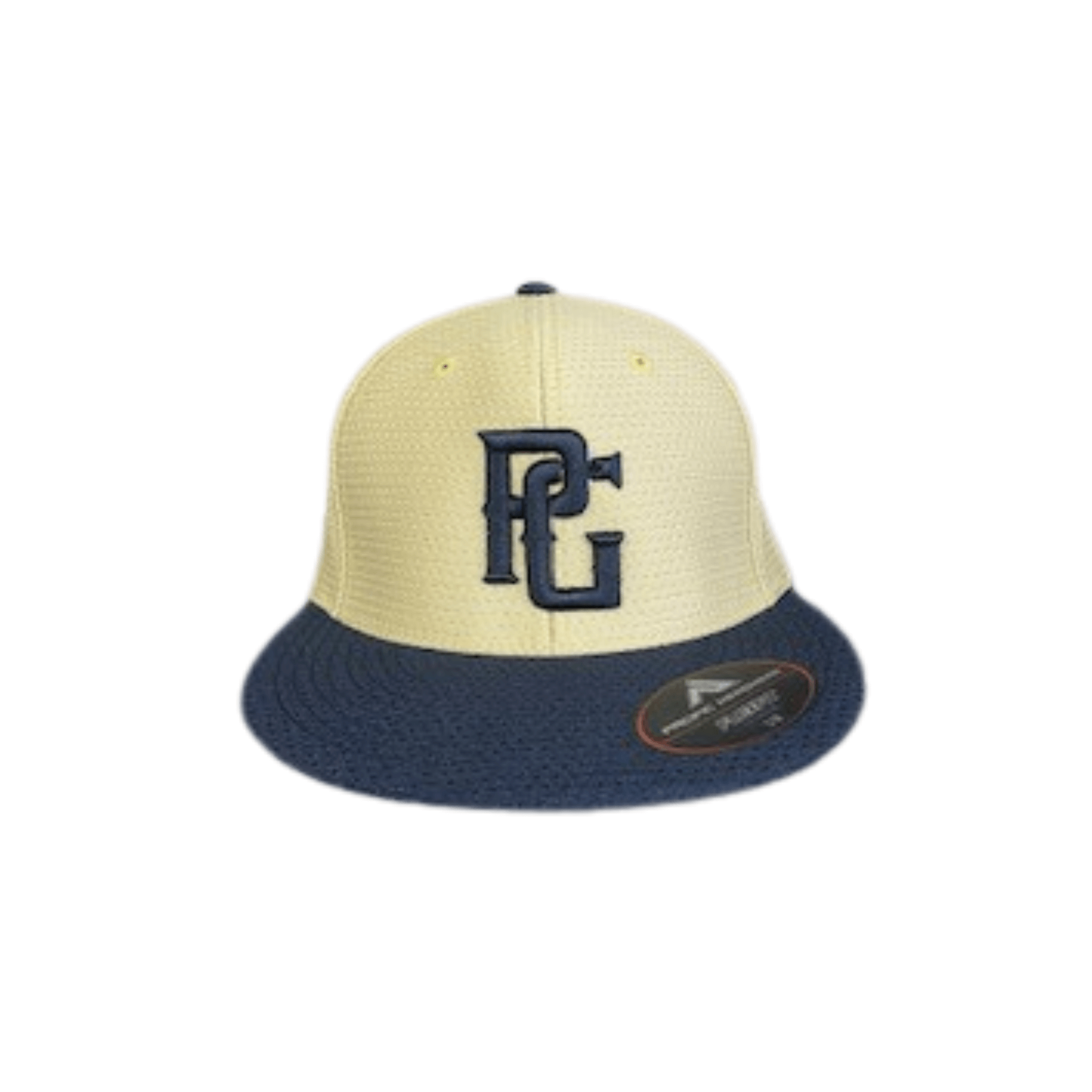 Front view of Perfect Game Fitted Flat Bill Gold/Black cap with black logo and visor.