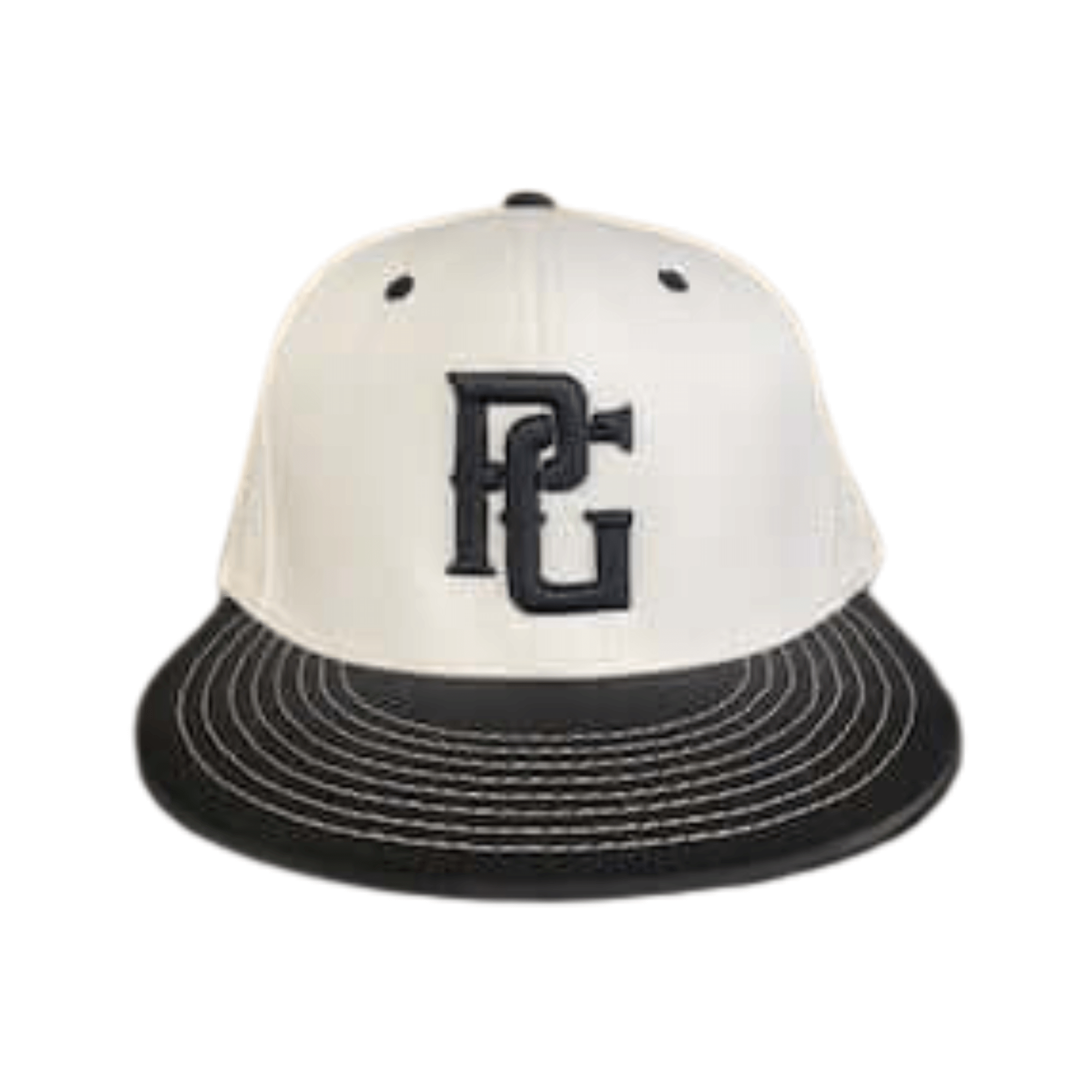 Front view of Perfect Game Fitted Flat Bill White/Black cap with black logo on white crown and black flat bill.