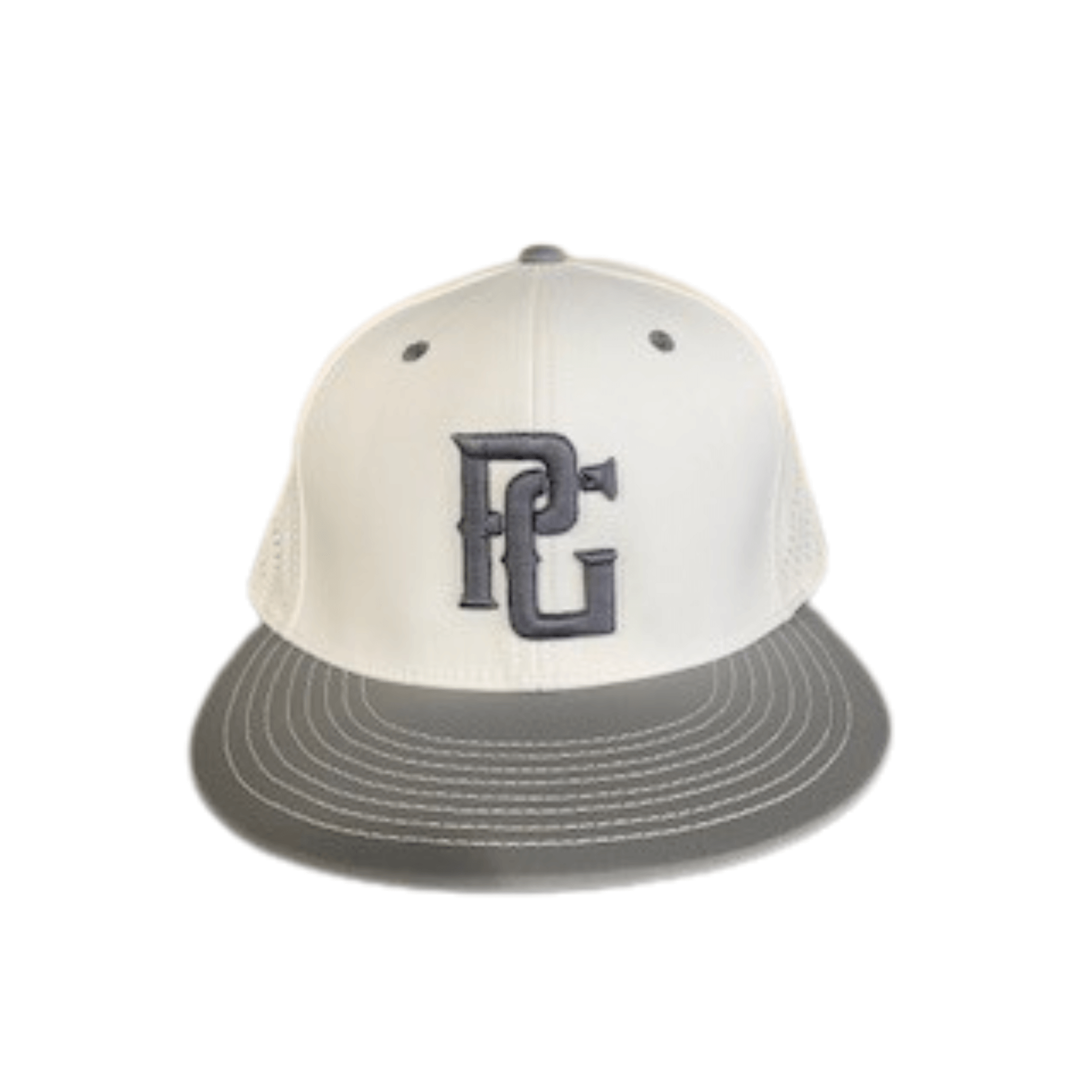 Perfect Game Fitted Flat Bill White/Grey cap front view with a grey brim and embroidered logo.