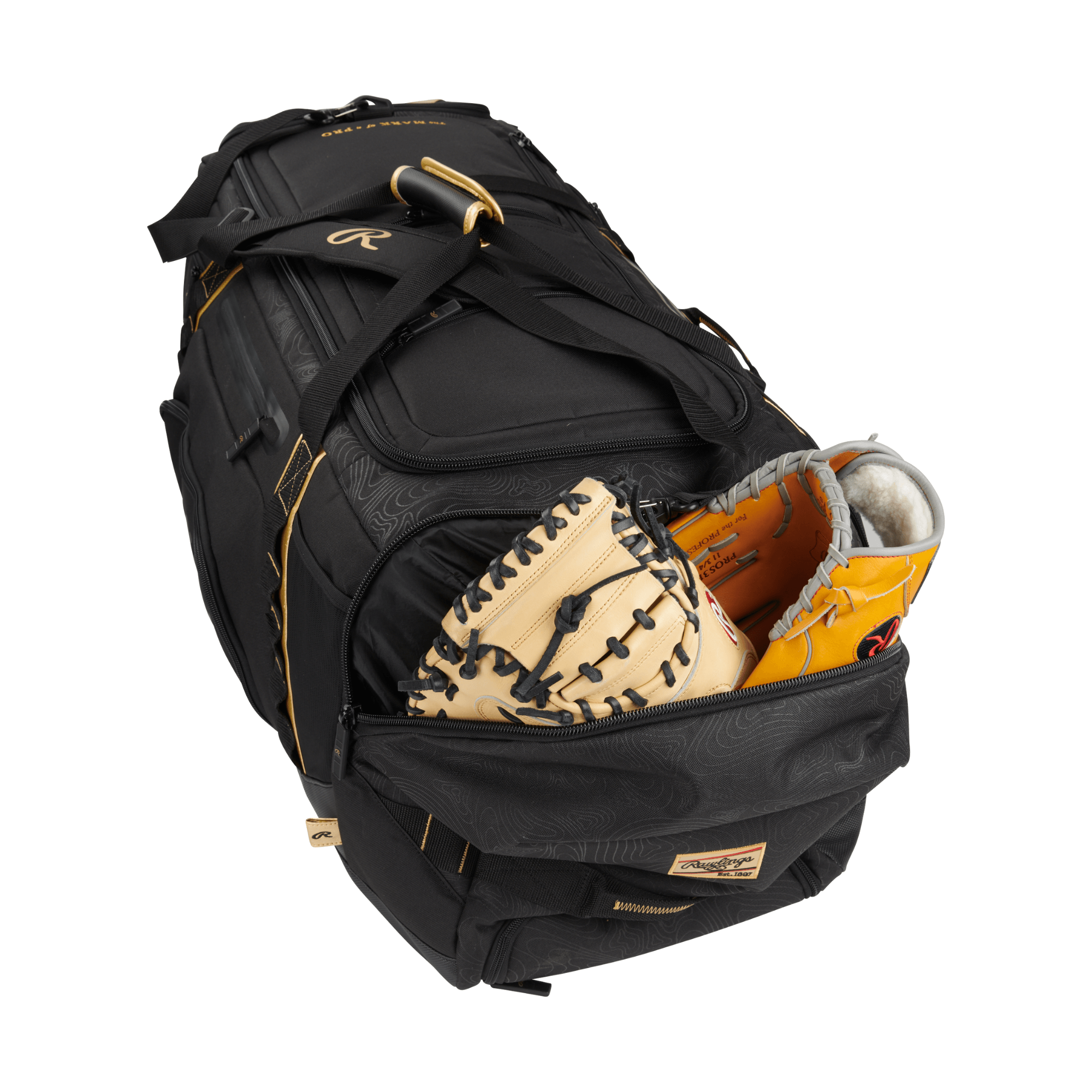 Rawlings Gold Collection XL Duffel Bag open view with gloves inside black Gold Glove accents