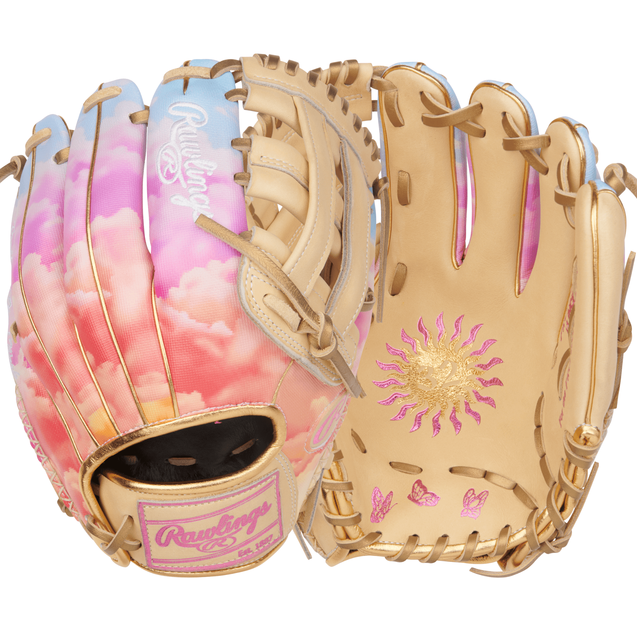 Rawlings Heart Of The Hide Sierra Romero 12" infield glove with colorful cloud design and sun motif.