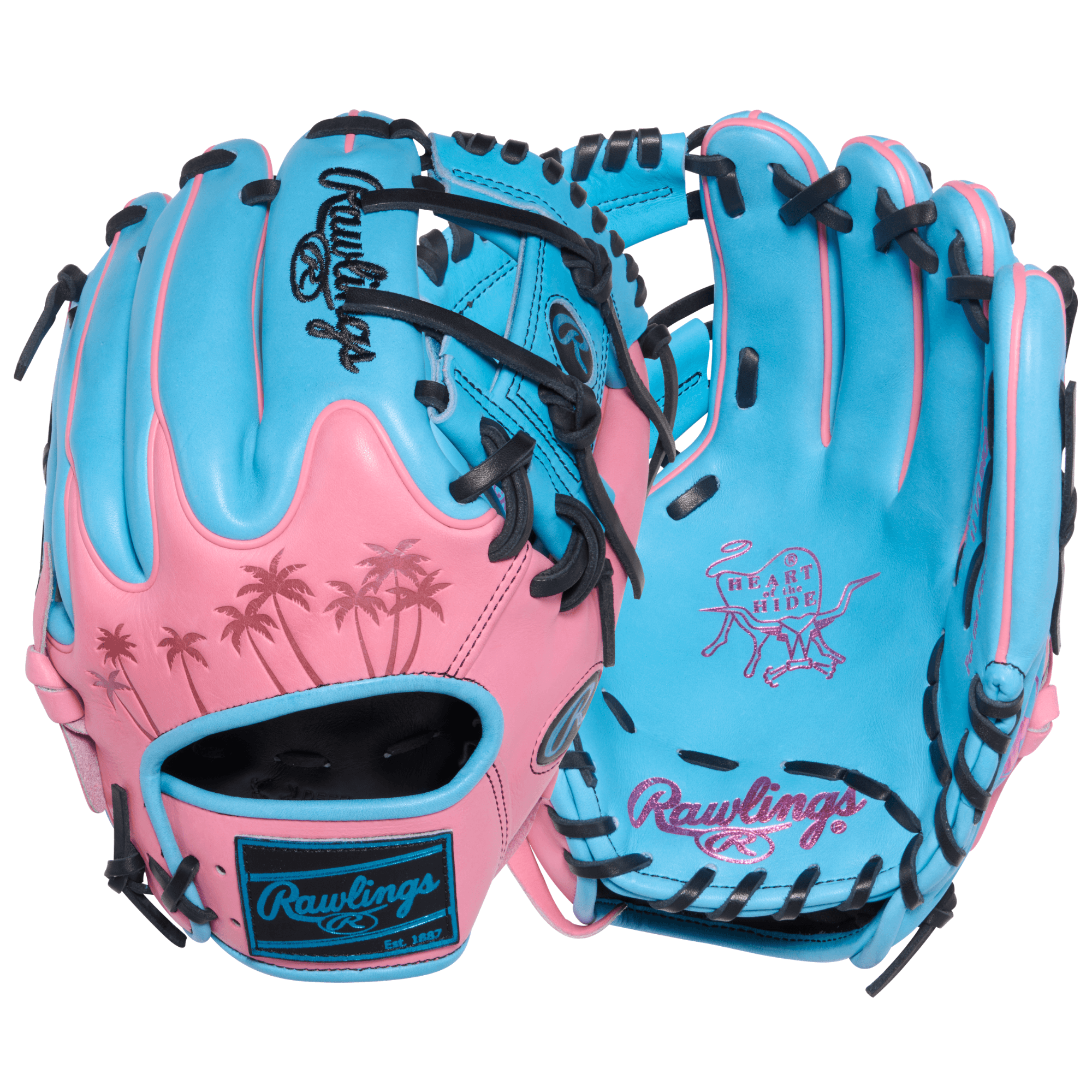 Rawlings Heart of the Hide ColorSync 10.0 11.5" Wing Tip Glove RHT palm and backhand view in pink and blue with black lacing
