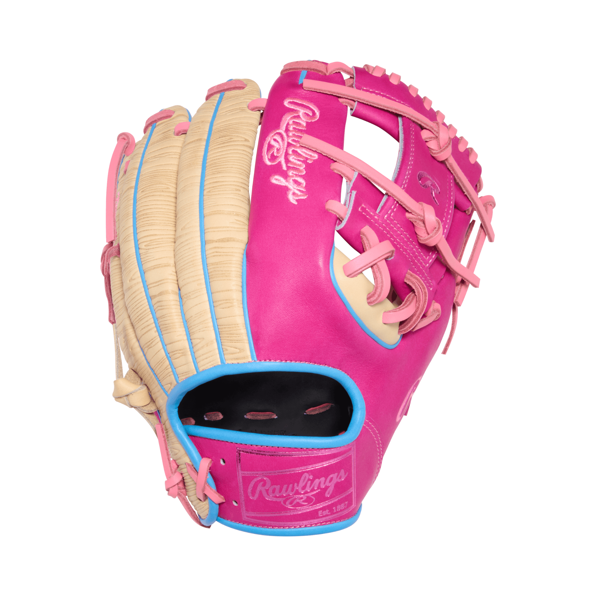Rawlings HOH ColorSync 10 Woodgrain Pink 11.5" Baseball Glove backhand view with camel palm and pink leather panels