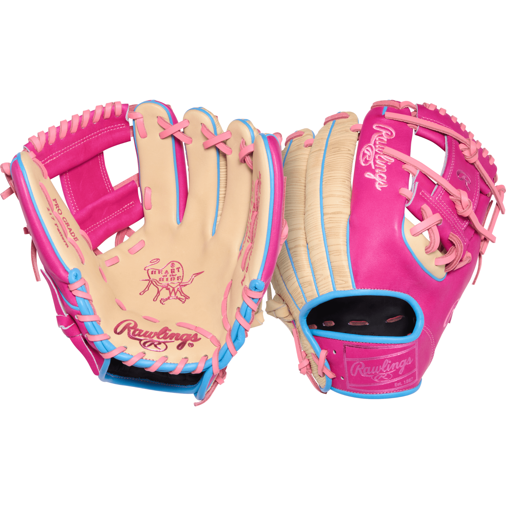 Rawlings HOH ColorSync 10 Woodgrain Pink 11.5" Baseball Glove, palm and backhand view, camel palm, pink leather, pink lacing.