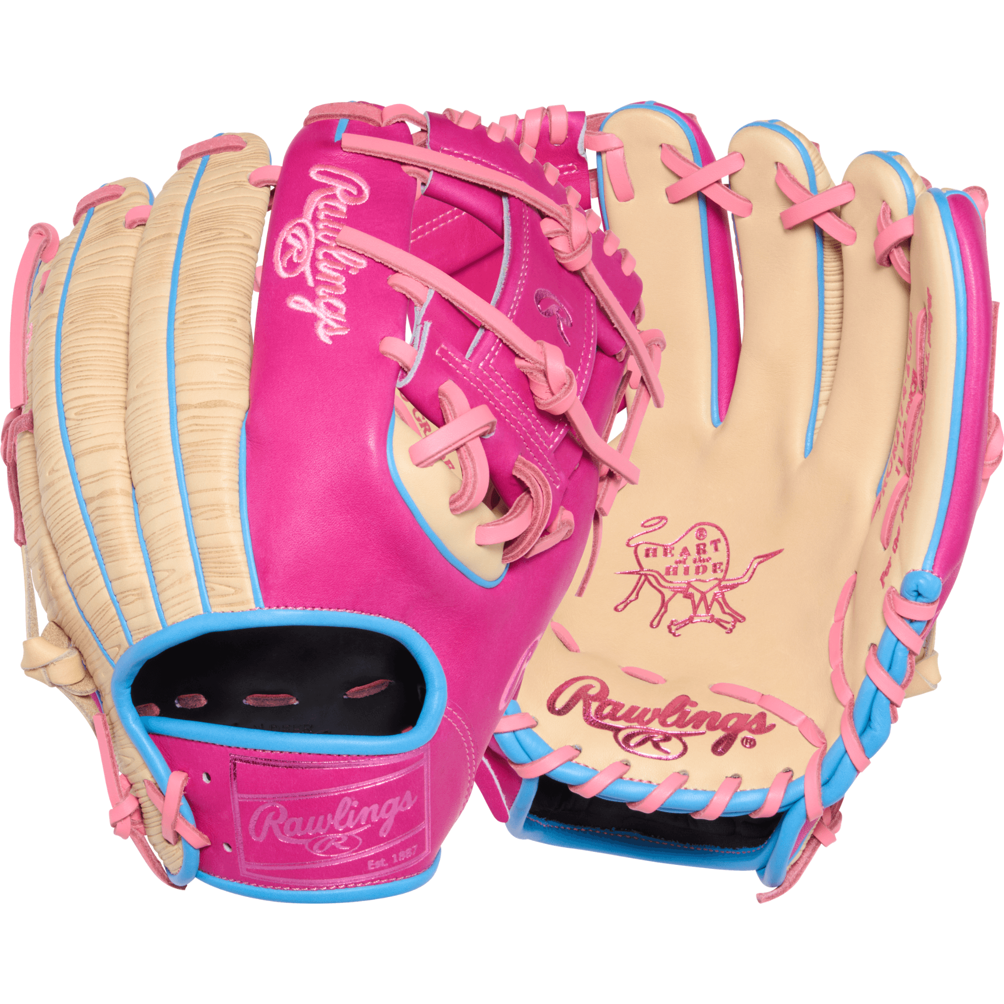 Rawlings HOH ColorSync 10 Woodgrain Pink 11.5" Baseball Glove palm and back view showing camel palm and pink lacing.