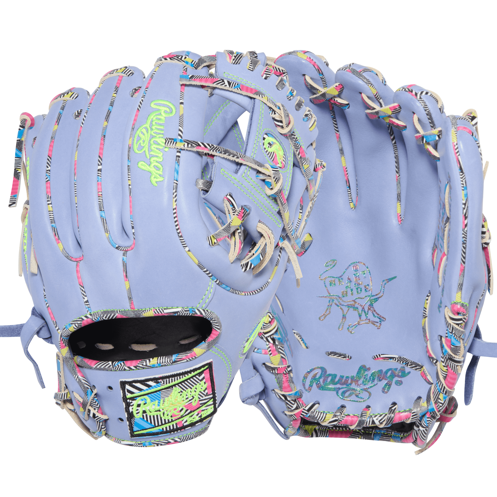 Rawlings HOH ColorSync 10 Periwinkle Mint 11.5" Infield Glove palm and backhand view with I-web, mint laces, and embroidered logo.