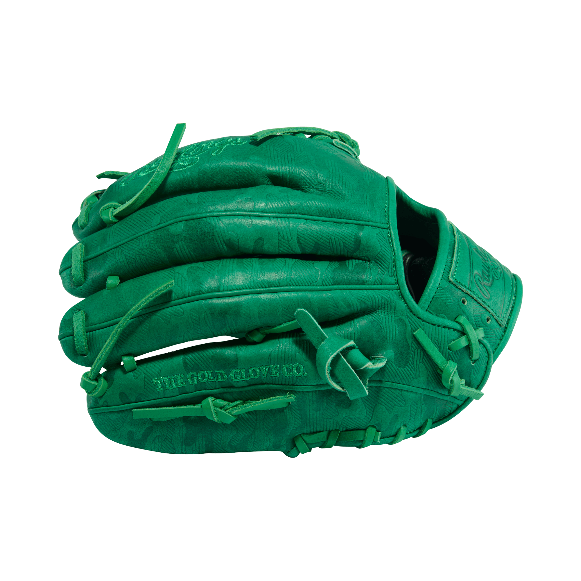 Rawlings HOH ColorSync 10 Kelly Green Camo 11.75" Baseball Glove backhand view with embossed camo and green lacing.