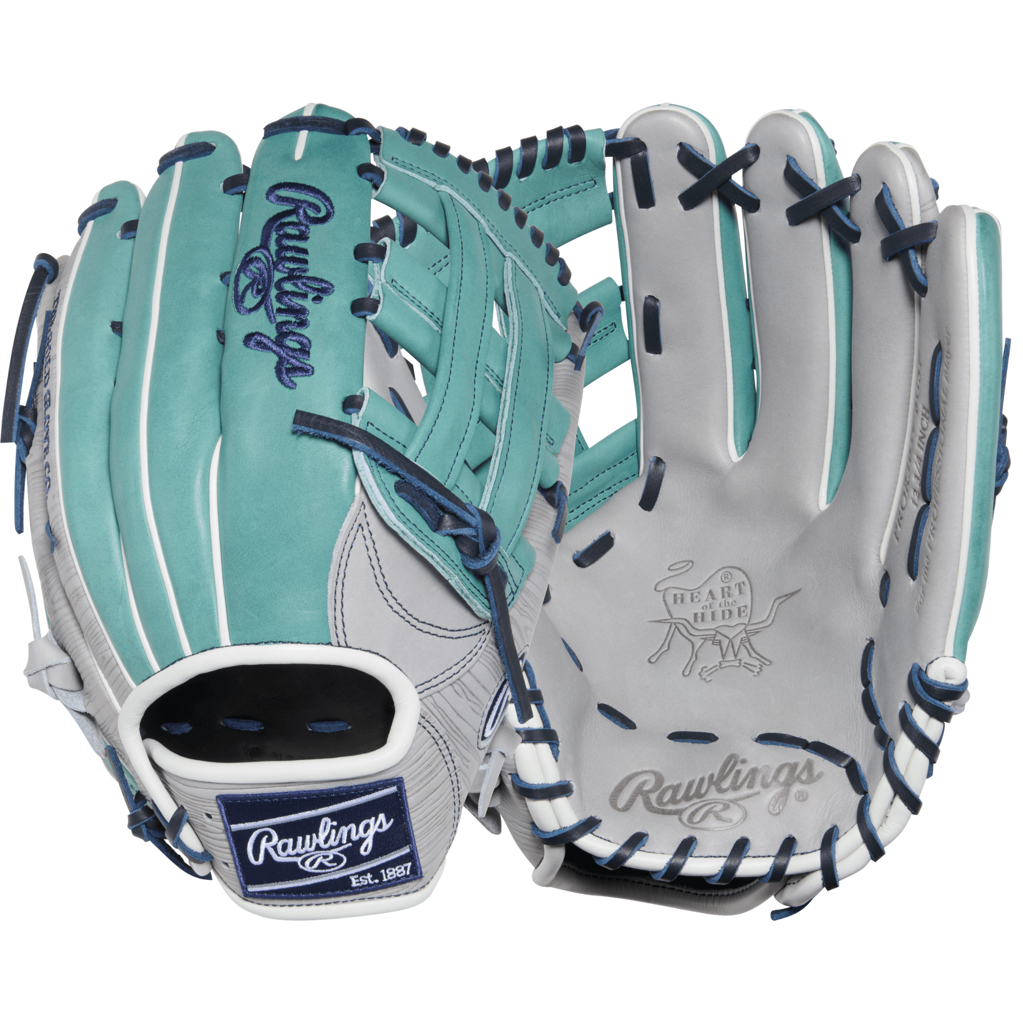 Rawlings HOH ColorSync 10 Woodgrain Sage 12.75" Glove backhand and palm view, gray shell with sage accents and lacing, H-web