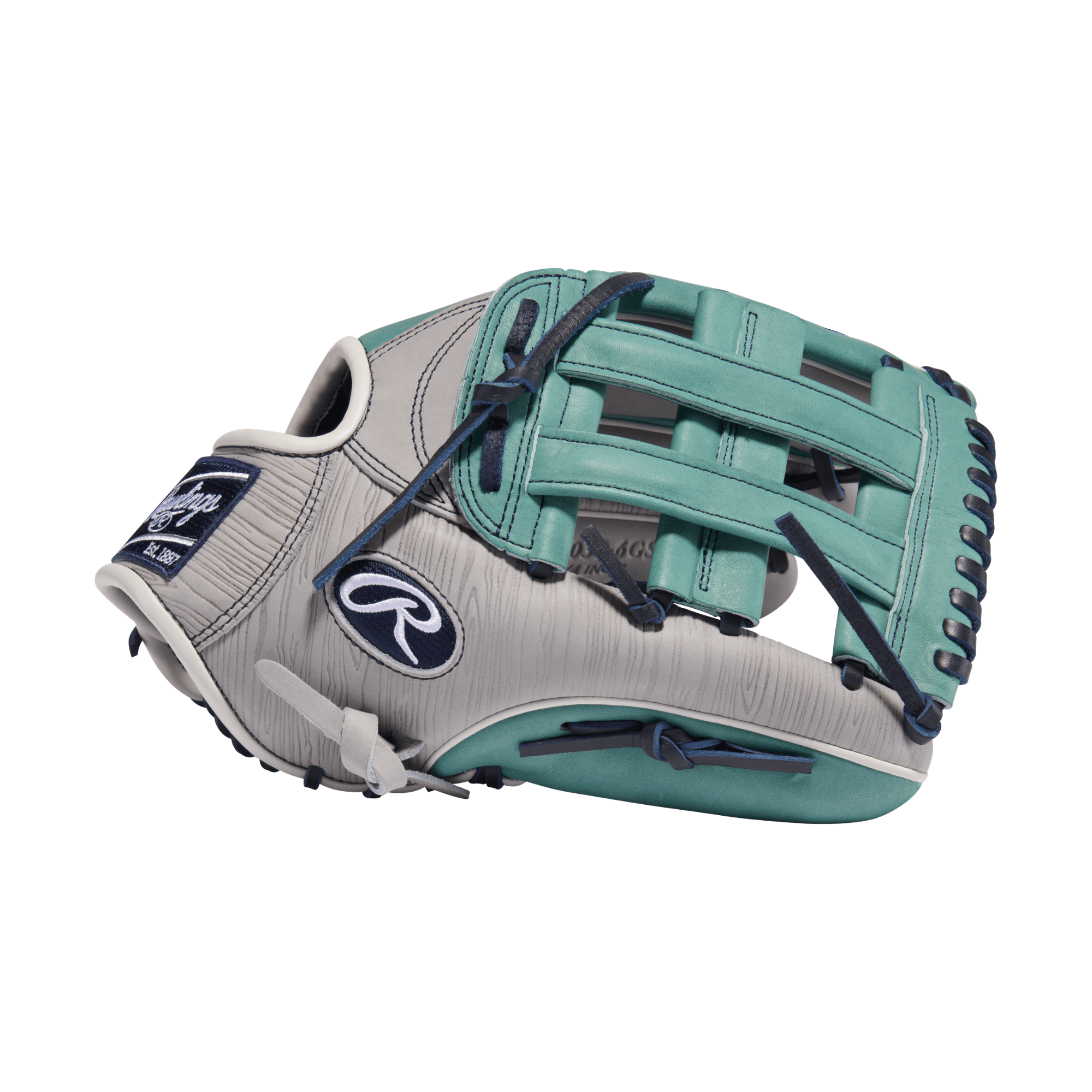 Rawlings HOH ColorSync 10 Woodgrain Sage 12.75" Glove backhand view with H-web design and sage lacing details.