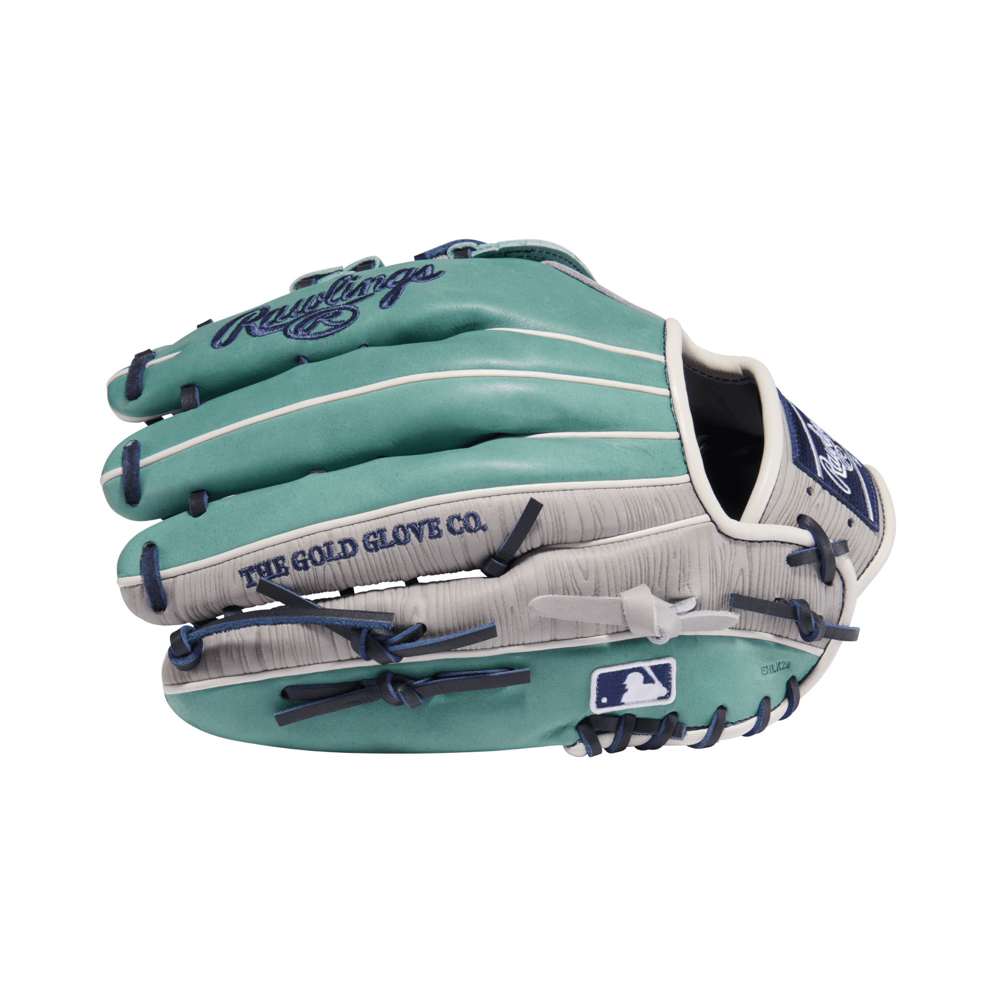 Backhand view of Rawlings HOH ColorSync 10 Woodgrain Sage 12.75" Glove with H-web and blue lacing.