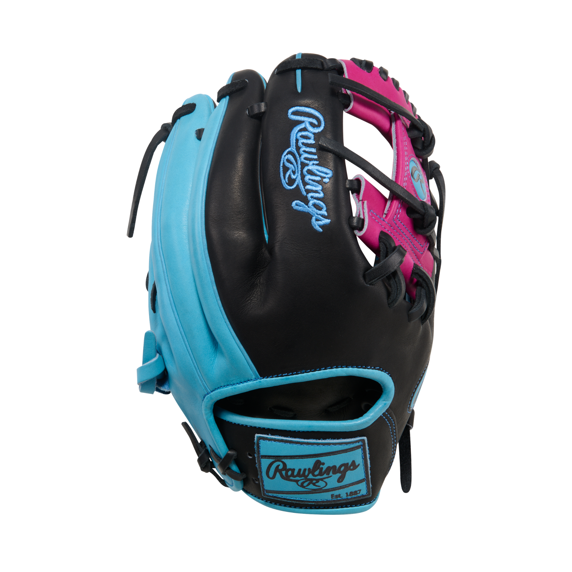 Rawlings Heart of the Hide PROR204-2BBE 11.5" Infield Baseball Glove, backhand view, black and teal with pink I-web
