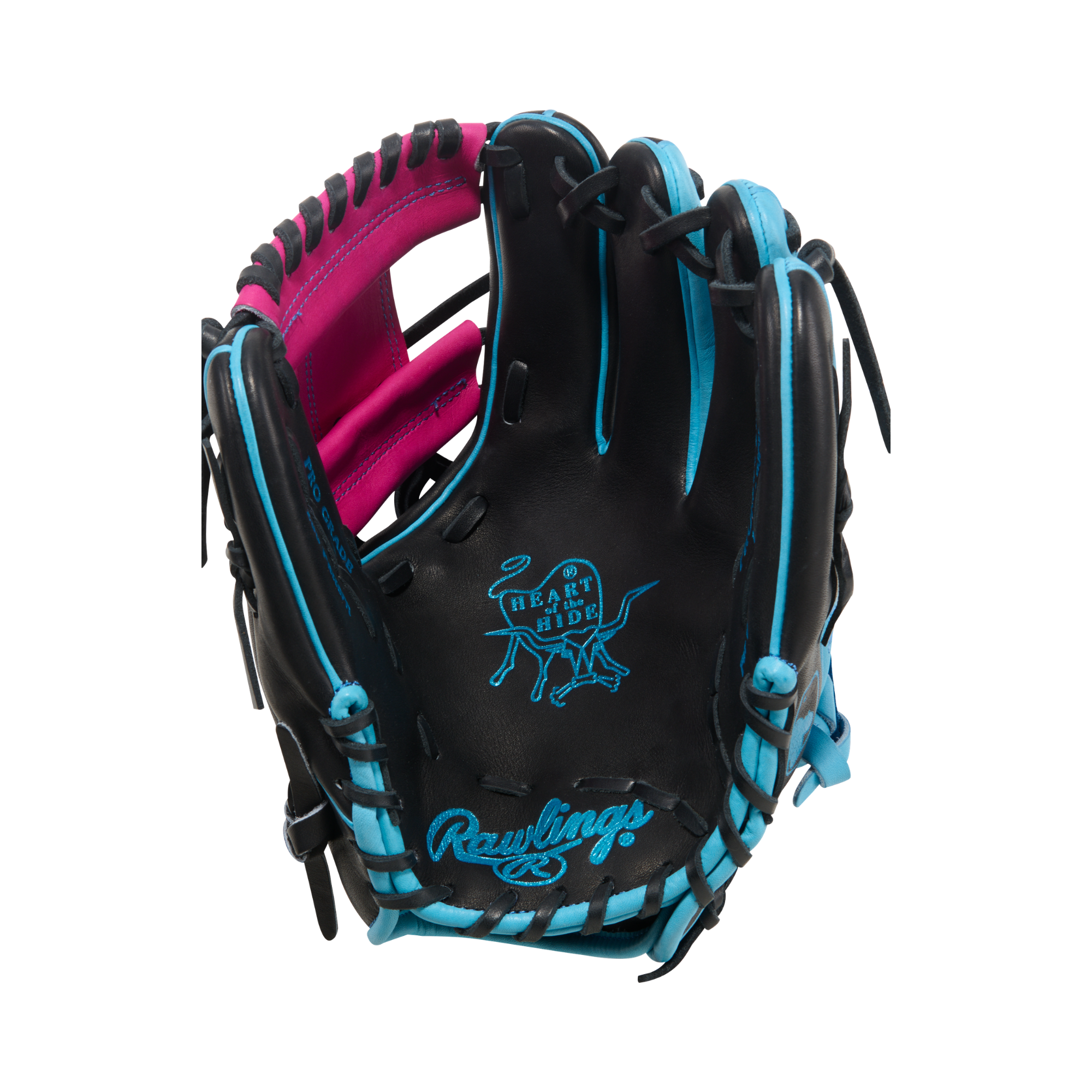 Rawlings Heart of the Hide PROR204-2BBE 11.5" Infield Baseball Glove palm view with black and pink lacing