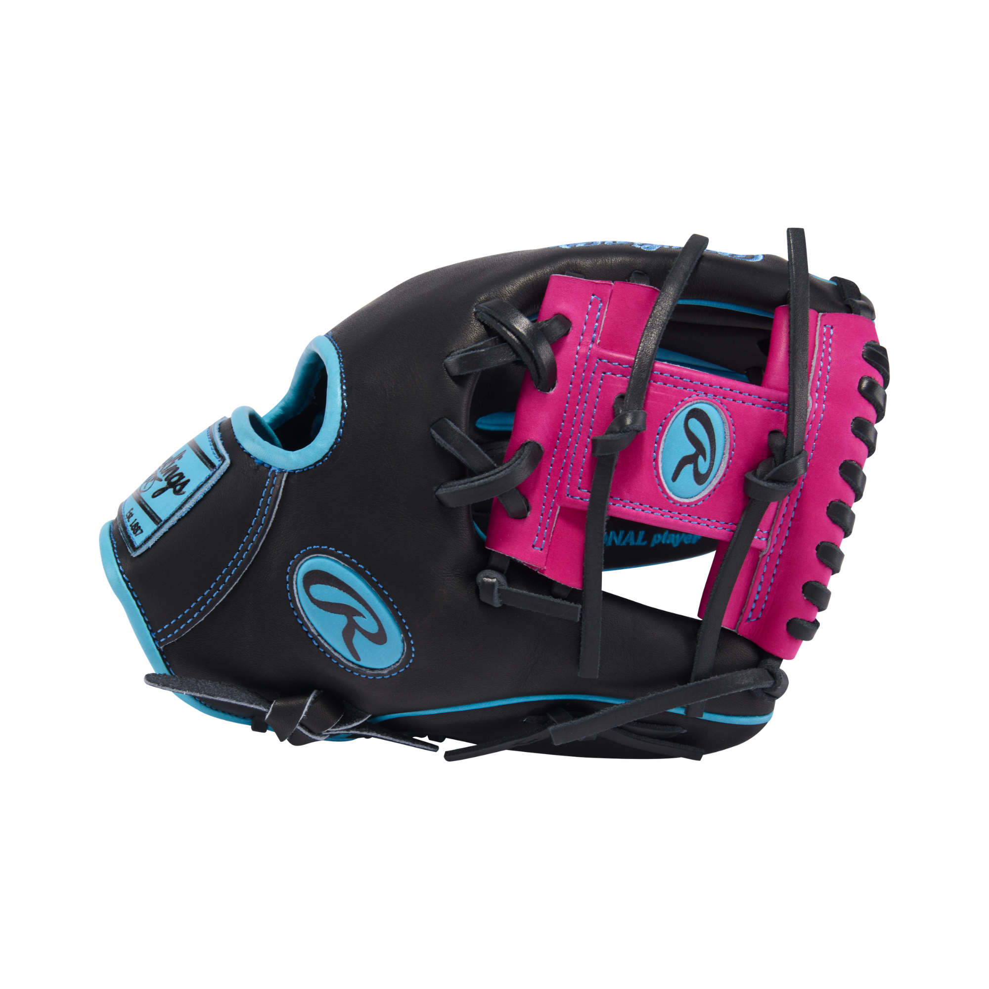 Rawlings Heart of the Hide PROR204-2BBE 11.5" Infield Baseball Glove, black with pink and blue accents, side view