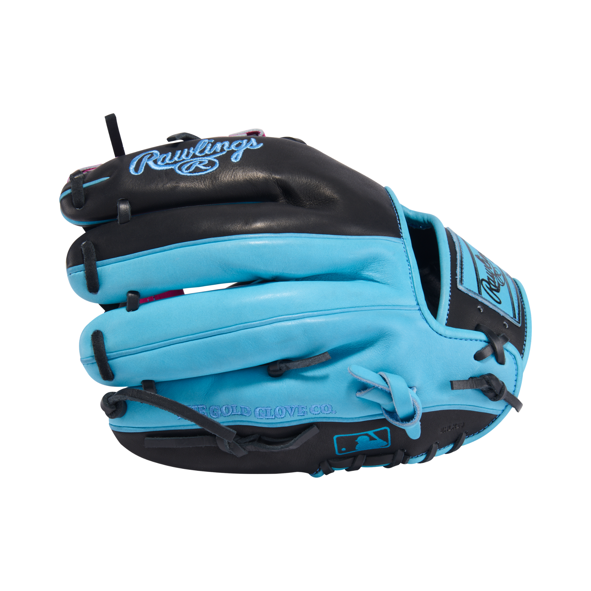 Rawlings Heart of the Hide PROR204-2BBE 11.5" Infield Baseball Glove, backhand view, blue and black color, H-web design, detailed stitching.