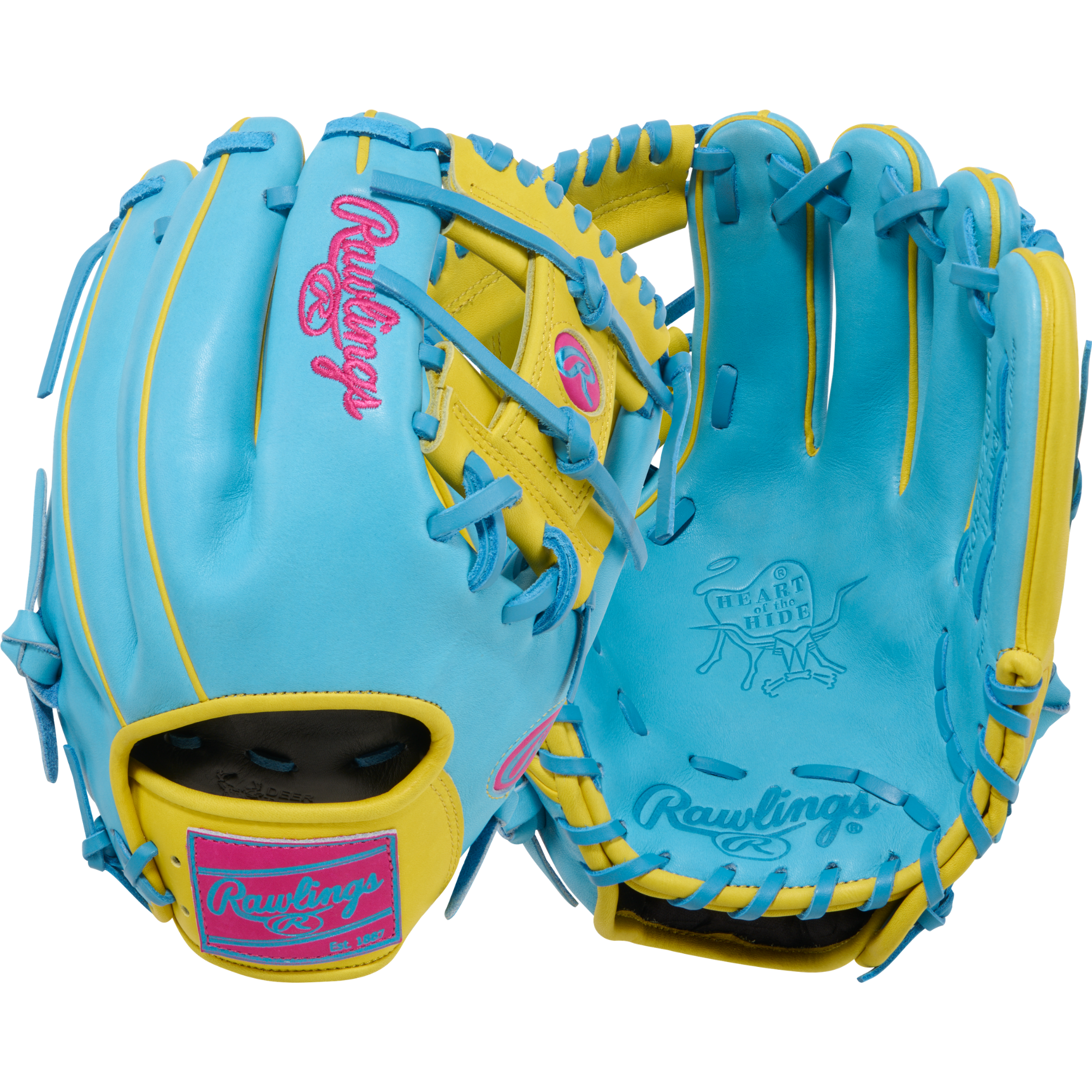 Rawlings Heart of the Hide PROR204-2CBYBE 11.5" infield baseball glove, palm and backhand view, blue and yellow color, pink logo.