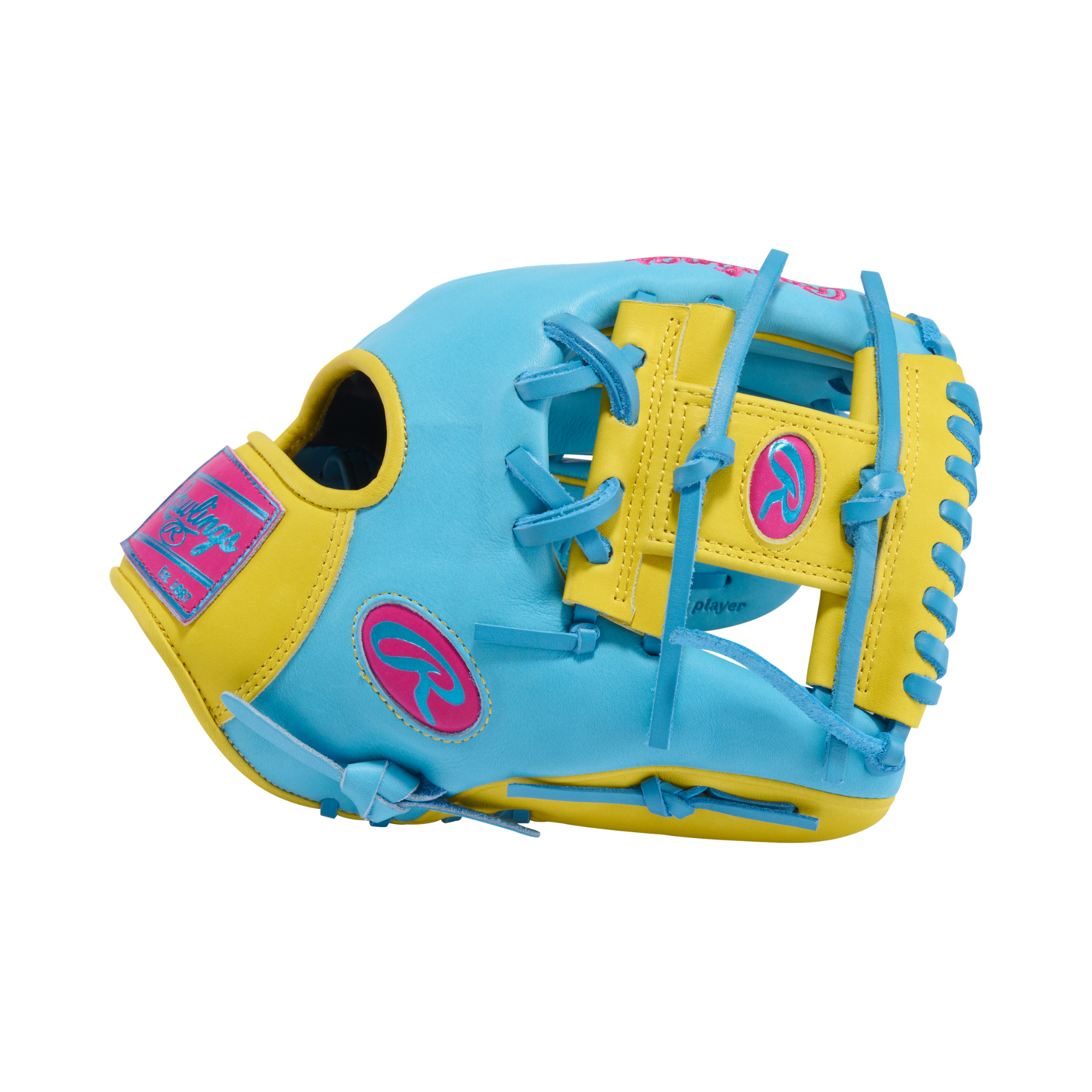 Rawlings Heart of the Hide PROR204-2CBYBE 11.5" Infield Baseball Glove, side view, blue with yellow lacing and pink accents, H-web.