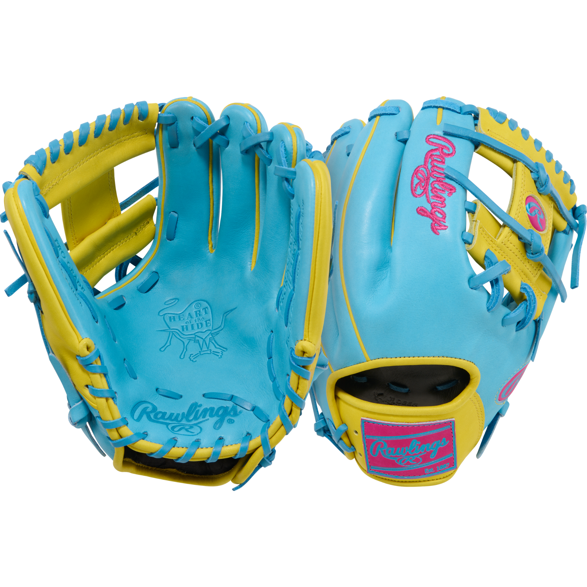 Rawlings Heart of the Hide PROR204-2CBYBE 11.5" Infield Baseball Glove, sky blue and yellow, palm and backhand view showing laces.