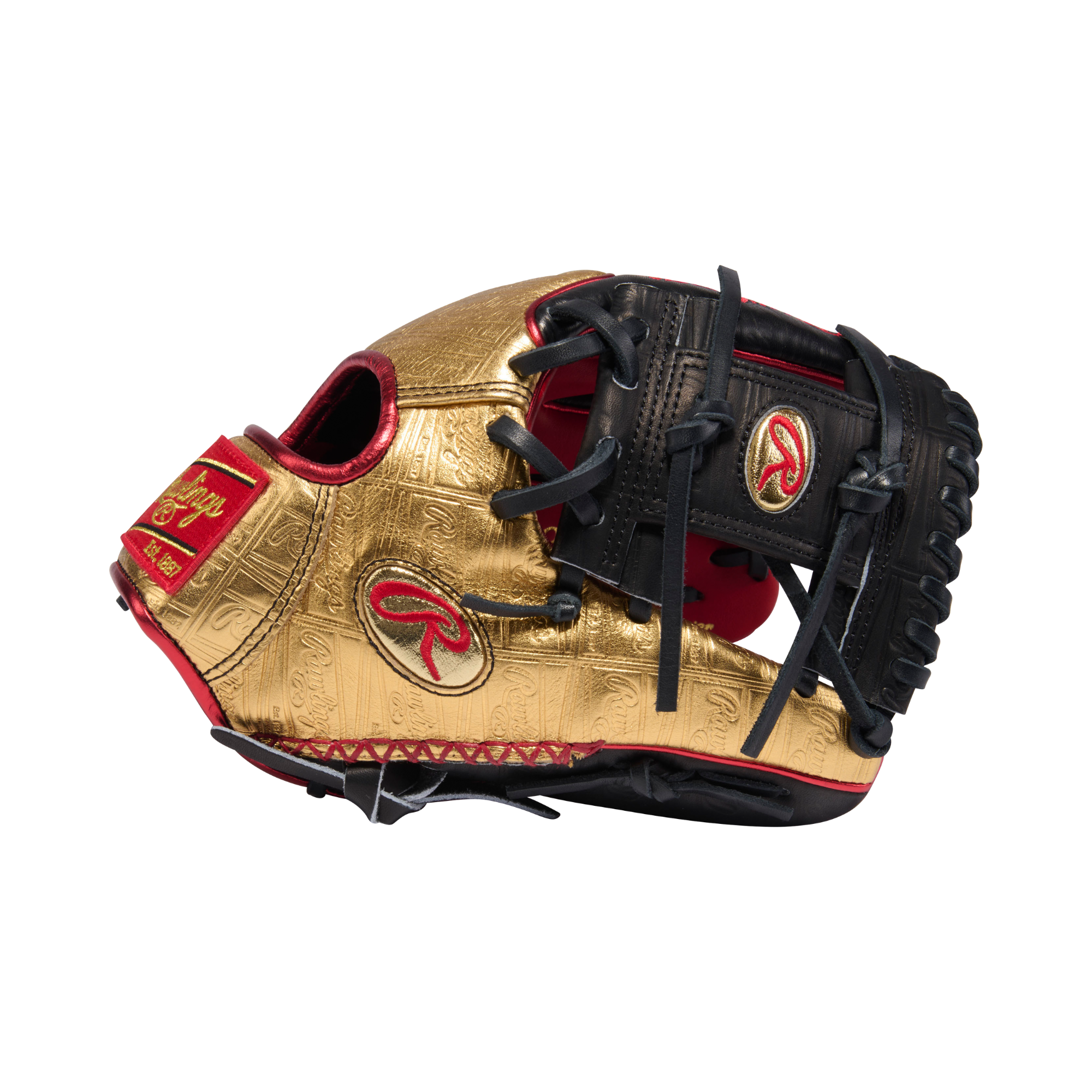 Rawlings Gold Glove Club PRO-GOLDYX Baseball Glove June 2026 10th Anniversary edition with golden leather and red accents.