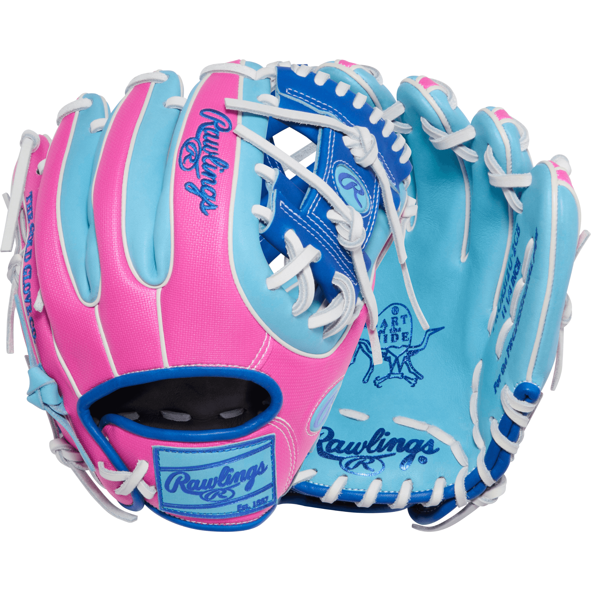 Rawlings April 2026 Gold Glove Club RGGC (GOTM) PROR312U-2CB 11.25" Baseball Glove palm and backhand view, pink and blue color, I-web.