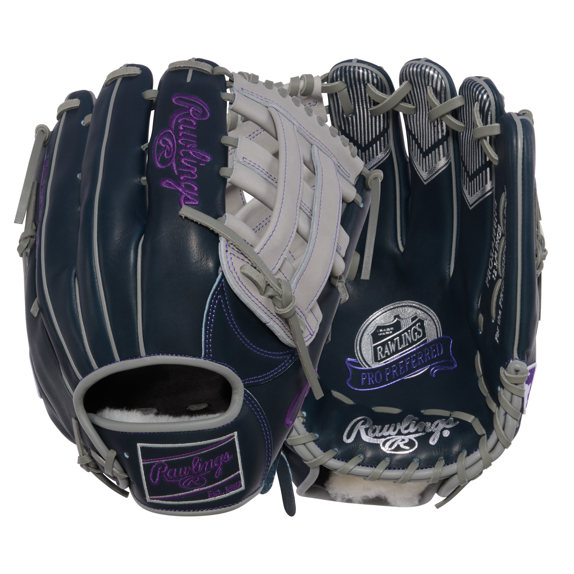 Rawlings Pro Preferred AJ99 outfield glove, palm view showing the Pro H Web and navy leather shell
