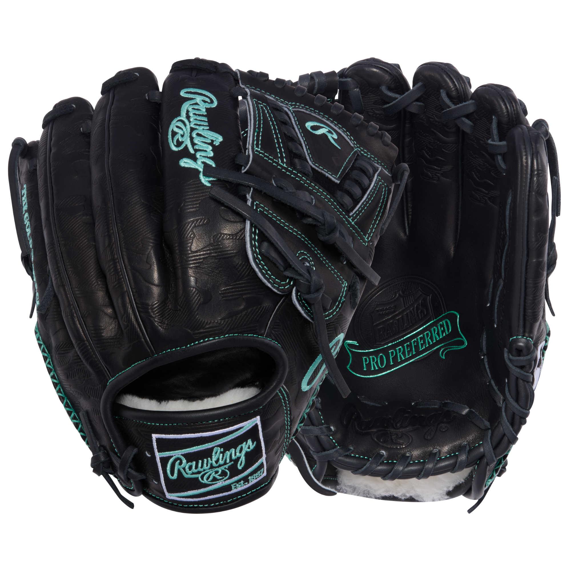 Rawlings Pro Preferred JD48 infield glove shown palm-open and back-of-hand, black leather with mint-green stitching and white wool pocket padding.