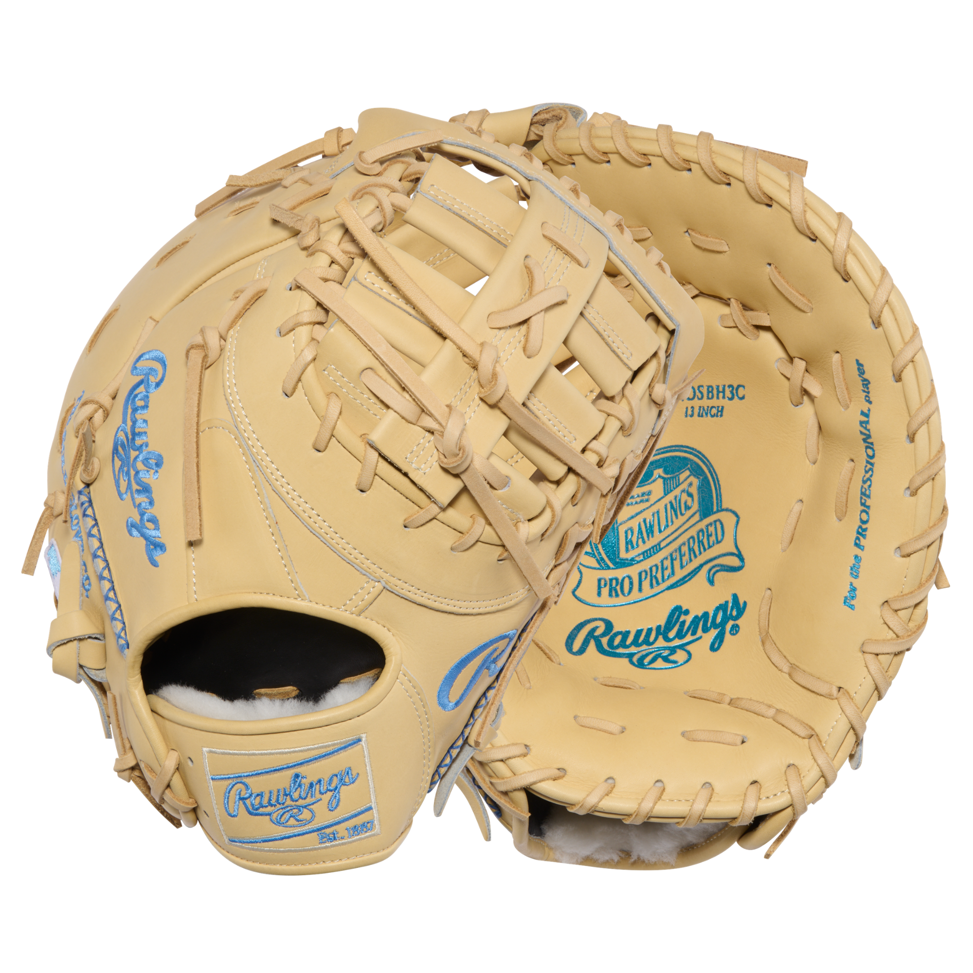 Rawlings Pro Preferred BH3 first base mitt shown from a combined angle, with the Single Post Double Bar web pocket in front and the glove's back panel visible behind it.